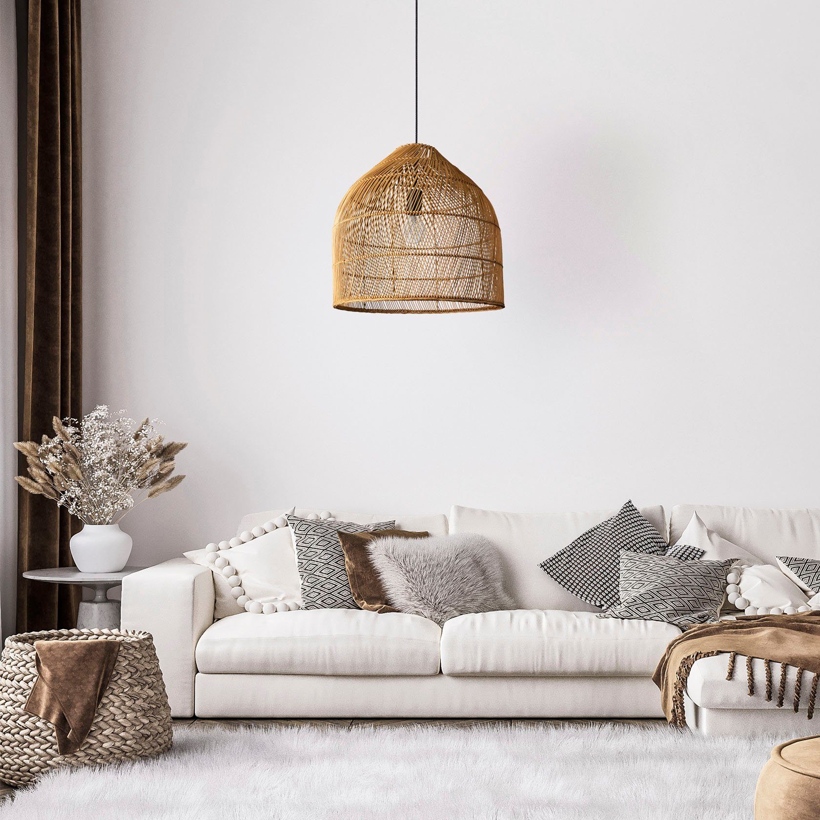 Pendelleuchte Wohnzimmer Boho Korblampe Paco Natur LINNU, Deckenlampe ohne Home Leuchtmittel, Rattan Pendelleuchte