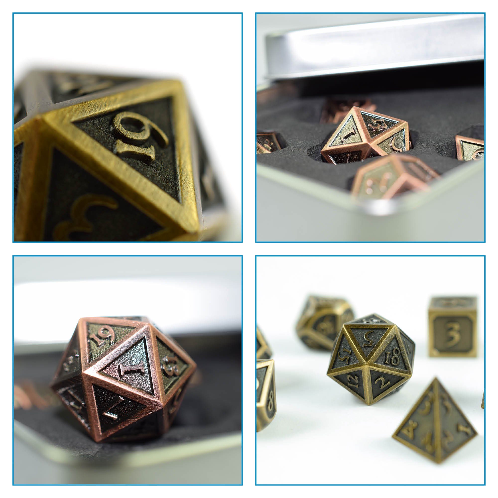 SHIBBY Optik, Spielesammlung, in polyedrische inkl. Aufbewahrungsbox Steampunk Gold Metall-DND-Würfel 7