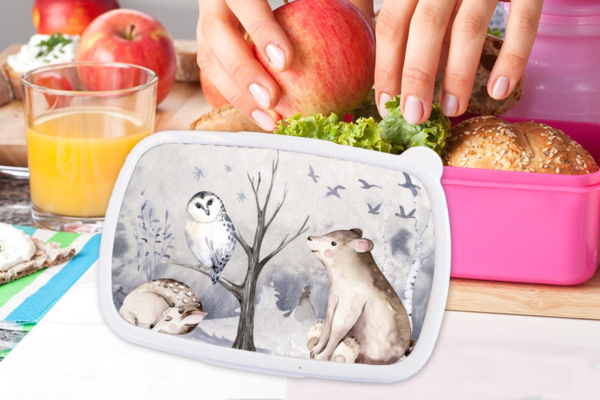 Brotdose MuchoWow Hirsch - Winter (2-tlg), Kinder, rosa Snackbox, Bär, Kunststoff Brotbox - Lunchbox Kunststoff, Erwachsene, für Eule Mädchen, -