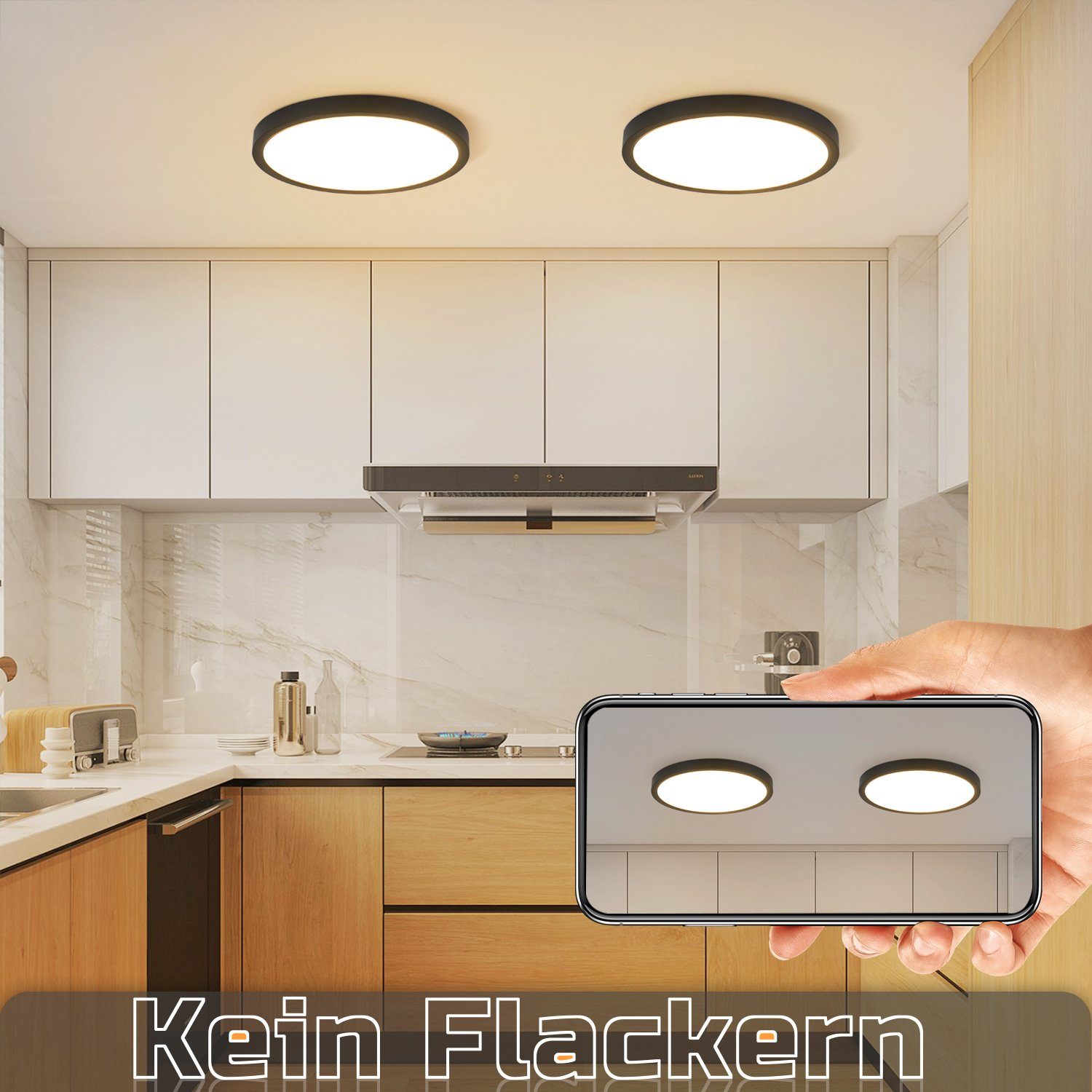 Nettlife Deckenleuchten LED Deckenlampe Badlampe sparen, für , Wasserdicht Schwarz Schlafzimmer 15W, Energie Flaches Küche LED Flur IP44 22cm Warmweiß, Design fest integriert