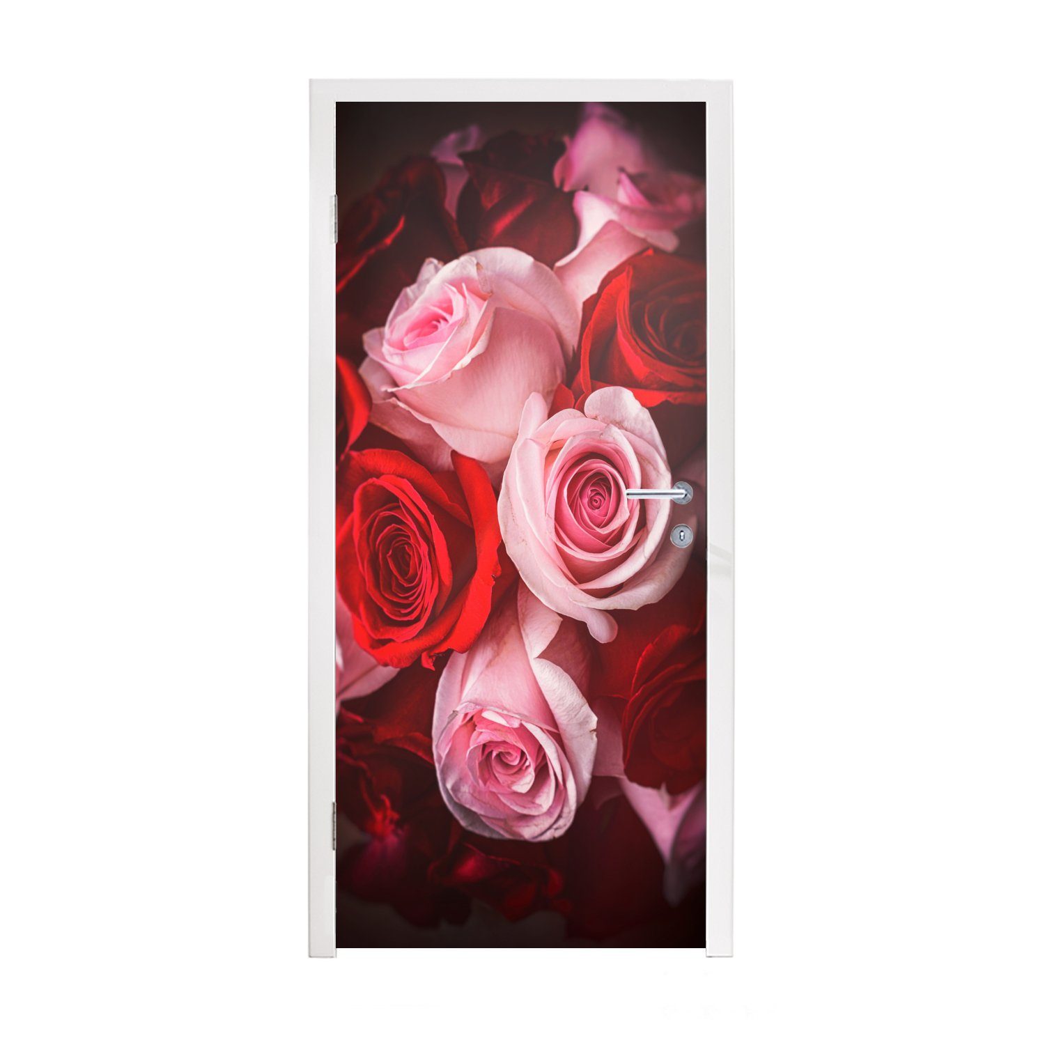 MuchoWow Türtapete Nahaufnahme eines Fototapete roten rosa Türaufkleber, bedruckt, (1 St), Tür, Rosen, und aus Matt, Straußes cm für 75x205