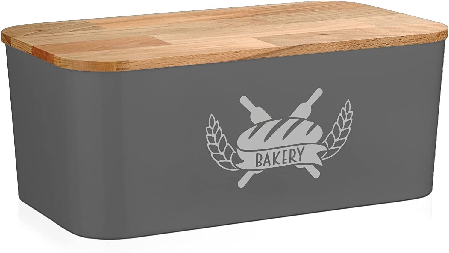 Lashuma Brotkasten, Kunststoff, (1-tlg), Brotbehälter grau mit Holz Deckel 36x21 cm
