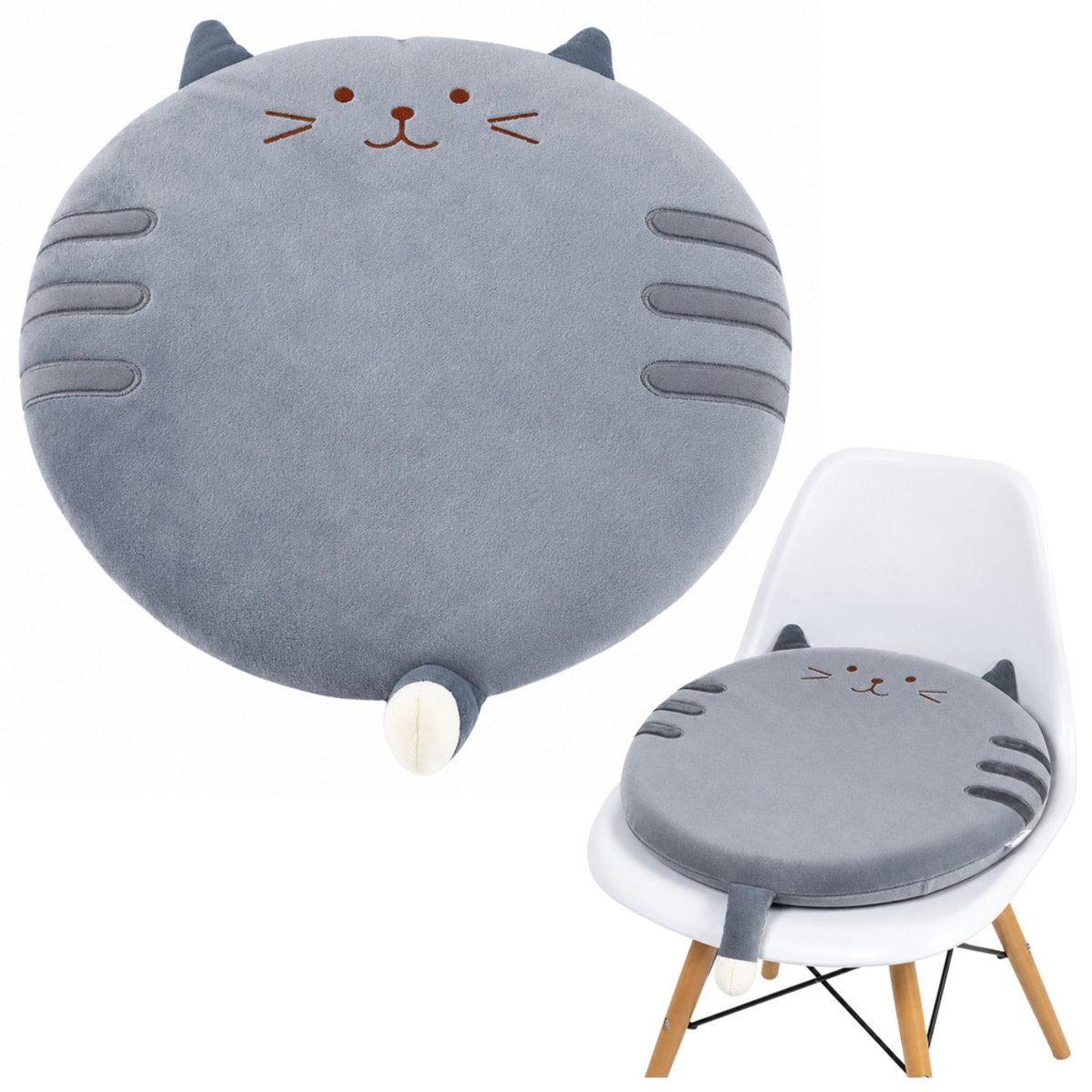 Wisam Dekokissen Rundes Plüsch-Sitzkissen Katze Grau Weicher Sitz 40 cm