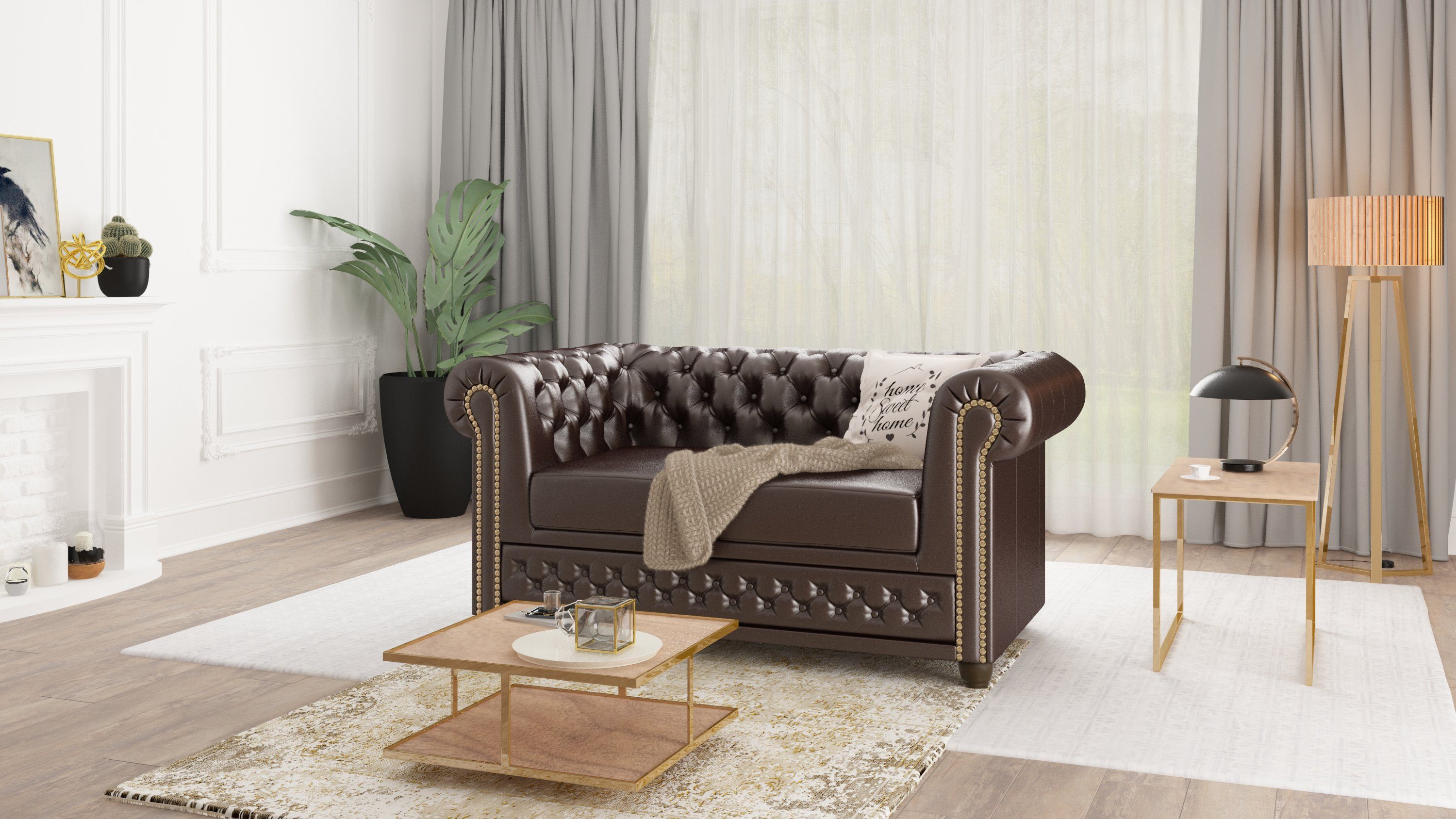 mit Jeff Sofa 2-Sitzer Braun Wellenfederung Möbel S-Style Schlaffunktion, mit mit Bettfunktion, Chesterfield