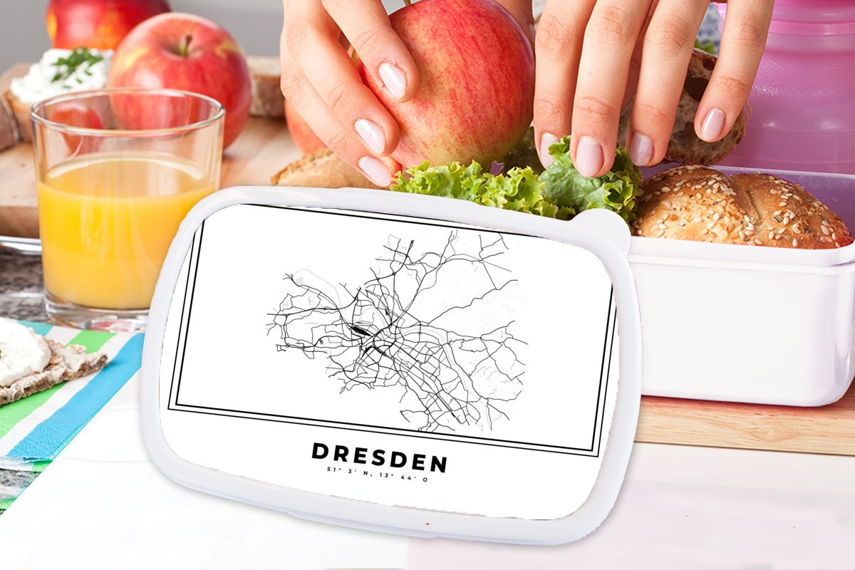 MuchoWow Lunchbox Schwarz und weiß für Brotdose, Dresden, (2-tlg), und Mädchen Jungs - Kinder und Deutschland Stadtplan - - für Kunststoff, Erwachsene, Brotbox
