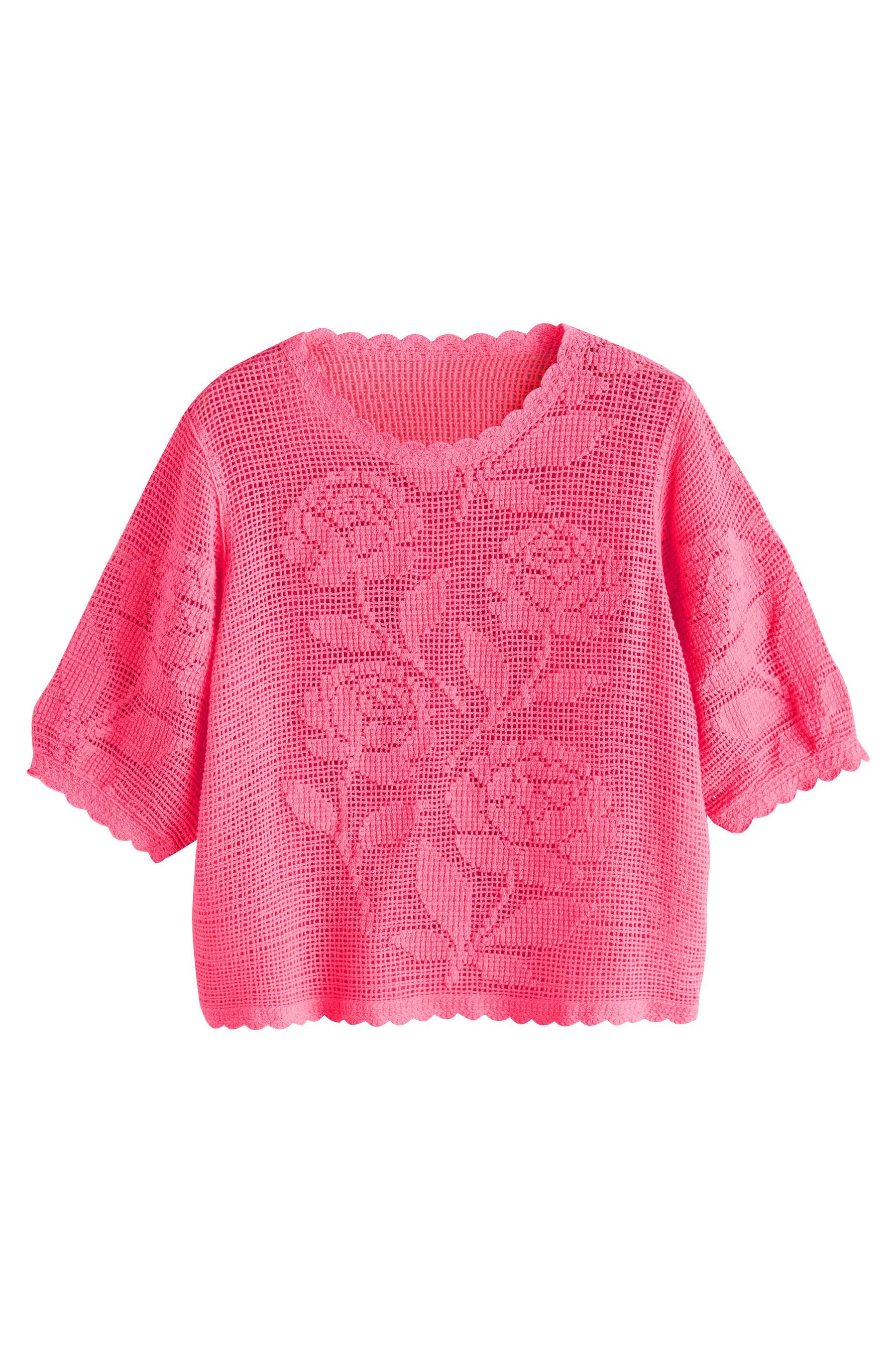Next Kurzarmpullover T-Shirt mit gehäkeltem Ausschnitt (1-tlg)