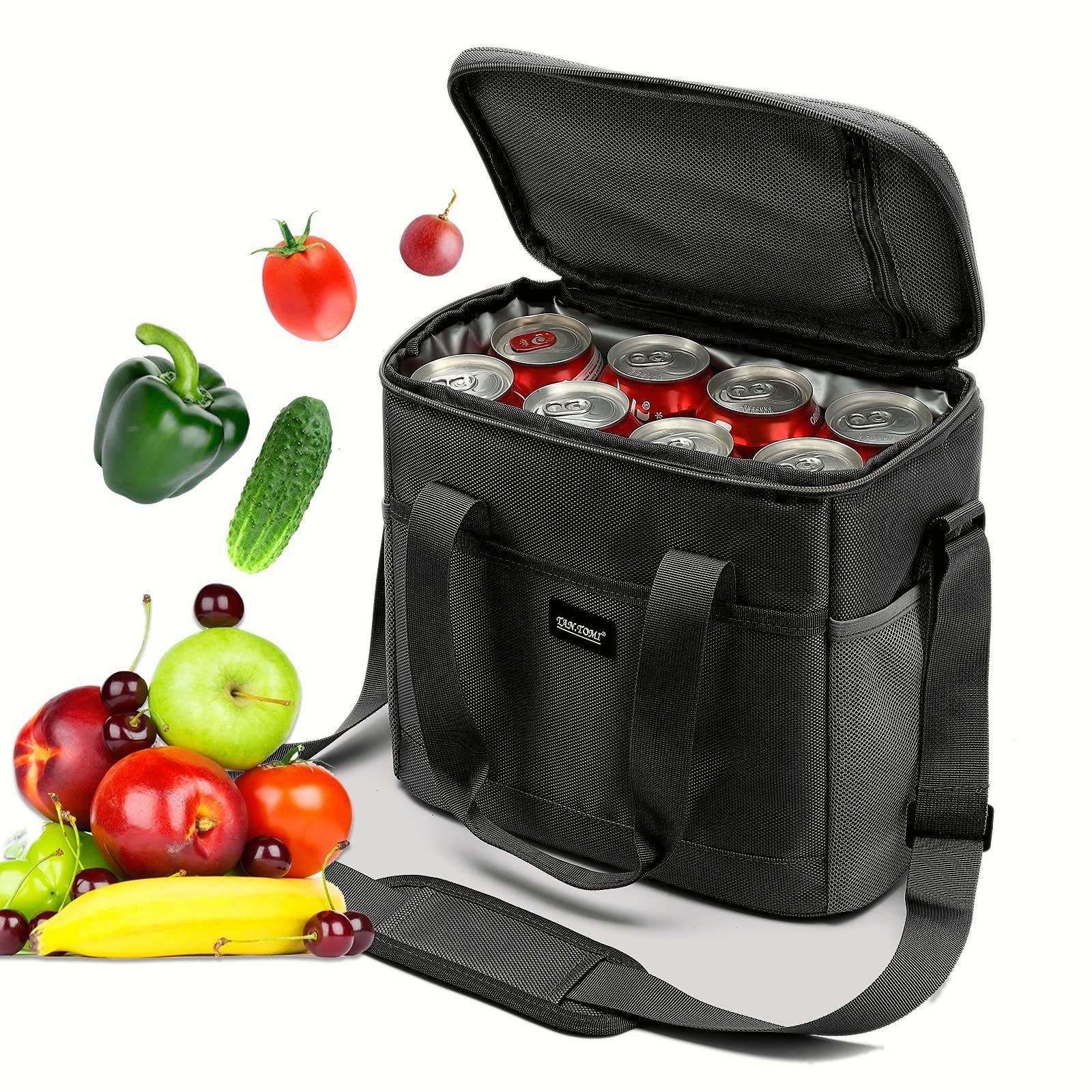 TAN.TOMI Picknickkorb Lunchtasche Kühltasche Isoliertasche Lunchbag Thermotasche, 17.2 Liter, vollständig isoliert, faltbar, angenehmen Griff zum Tragen Schwarz