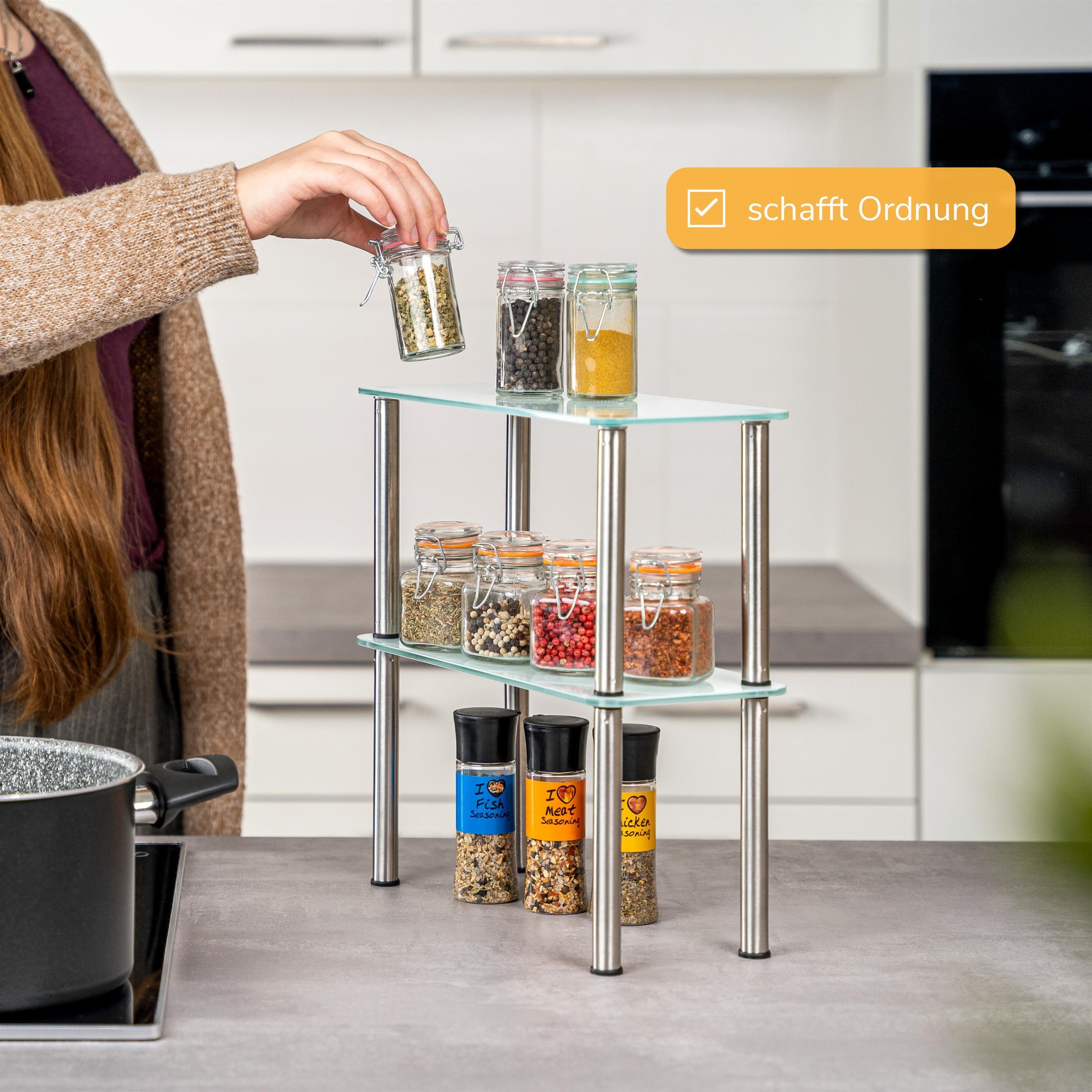 bremermann Küchenregal Glas-Regal, Küchenregal 2 Ebenen, Glas/Edelstahlfüße, weiß