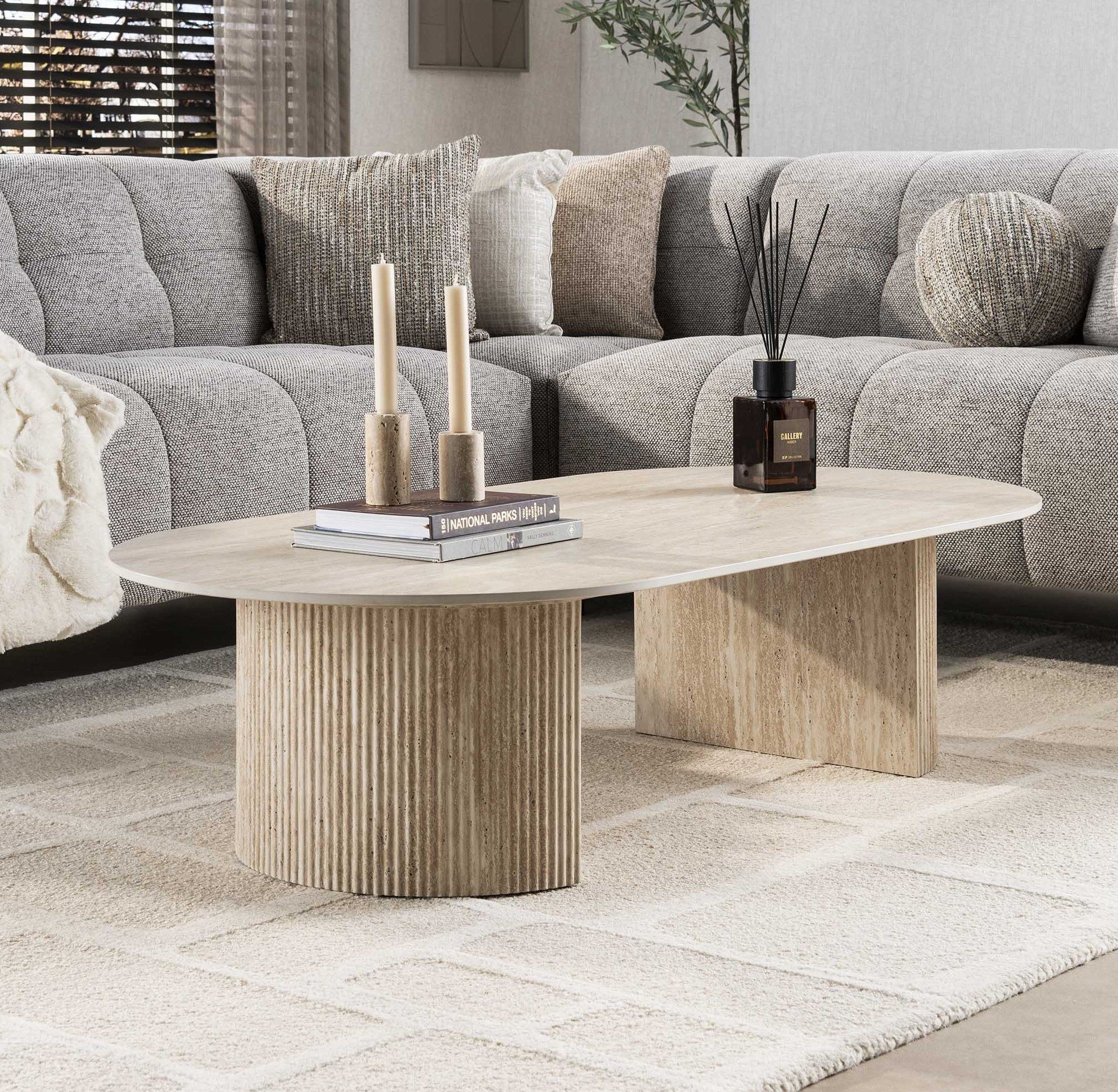 LEVEN Lifestyle Couchtisch Sofatisch FLORENZO Eleganz in Travertin-Optik 135 cm oval, hochwertige Keramik-Tischplatte im Travertin Look