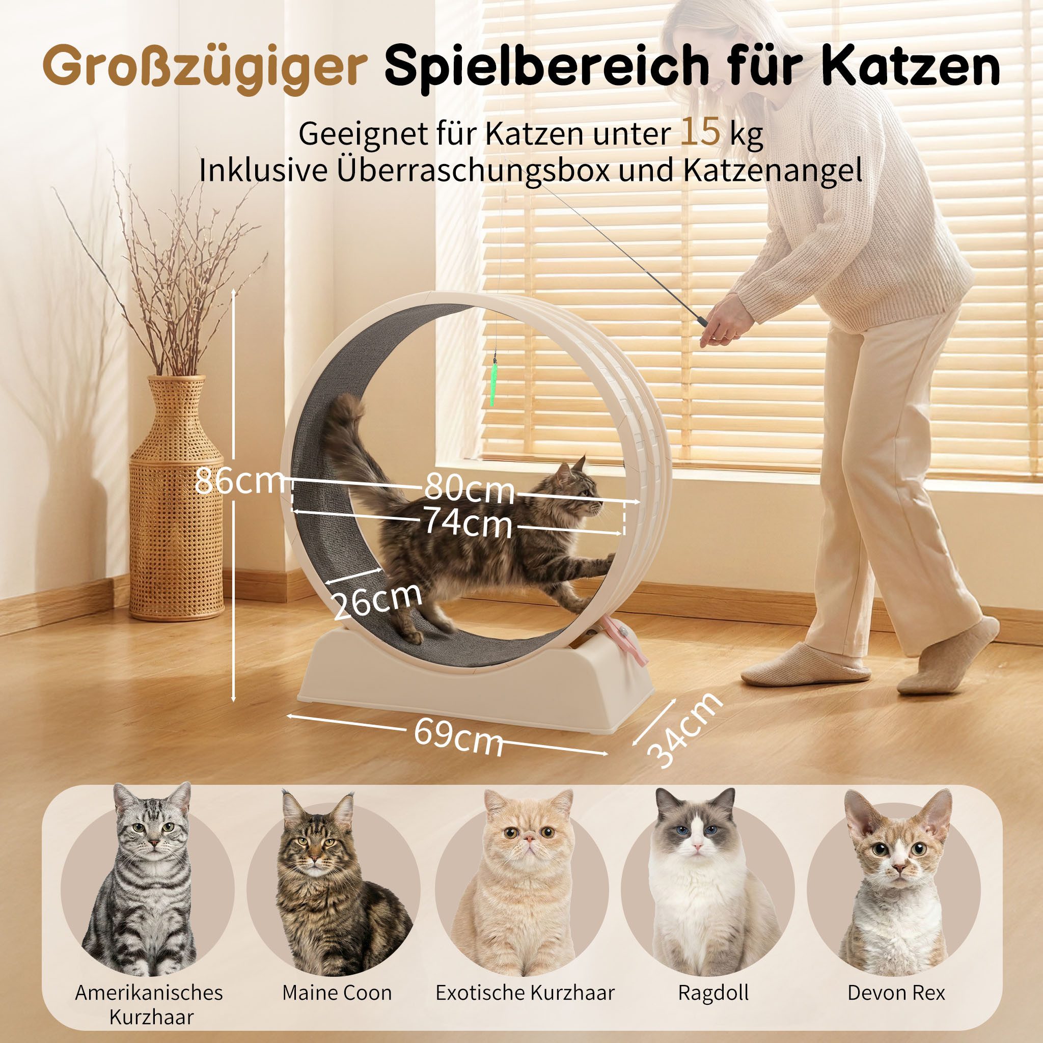 LALAHO Tier-Intelligenzspielzeug Katzenlaufband, leise Laufband für Katzen, PP-Kunststoff, Innendurchmesser 80cm, Sicherheitsschloss-Design, Grau
