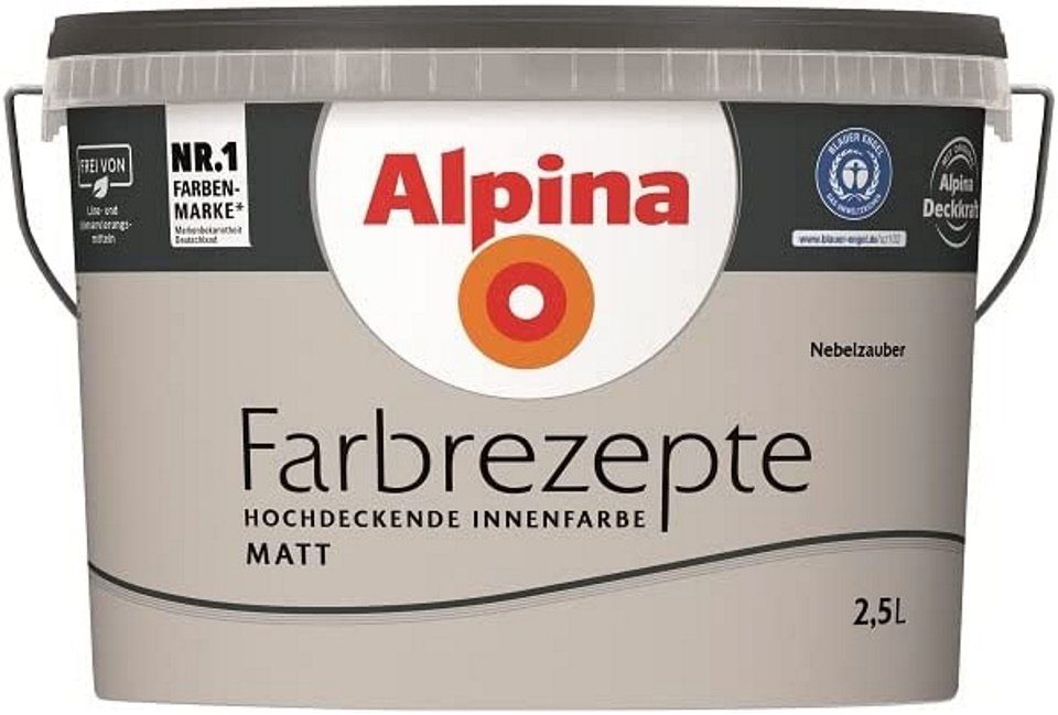 Alpina Wand- und Deckenfarbe Farbrezepte 2,5 Liter Nebelzauber Warmes Grau. € 29,90, (€ 11,96 pro 1 l).