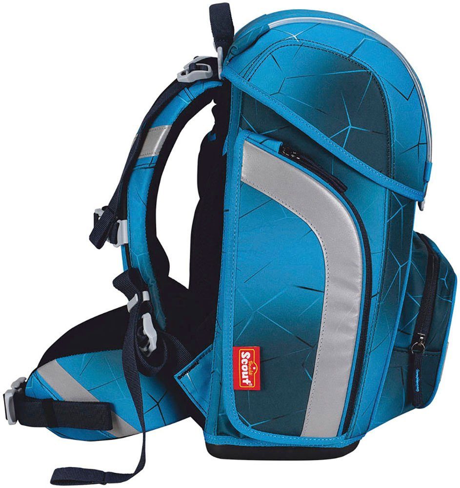 Scout Schulranzen Genius Safety Light, mit LED-Lichtleiter, Polar Blue (Set, 4-tlg), mit Powerbank; enthält recyceltes Material
