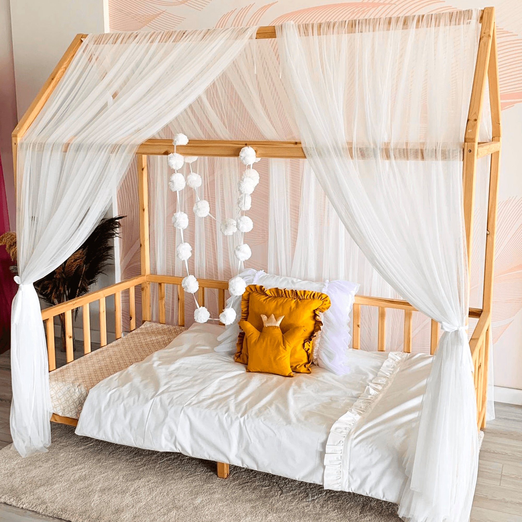 Stück Set Himmel Montessori Pomponkette, 2 Stück 380cm 2 Hausbett Baby Moskitonetz (3-tlg. weiß Betthimmel Baldachin Fancyroom Deko Set), Baldachin, Betthimmel für 20er Betthimmel einer Kinderbett und Hausbett Kinder mit 340cm Montessori Betthimmel, Betthimmel Tüll