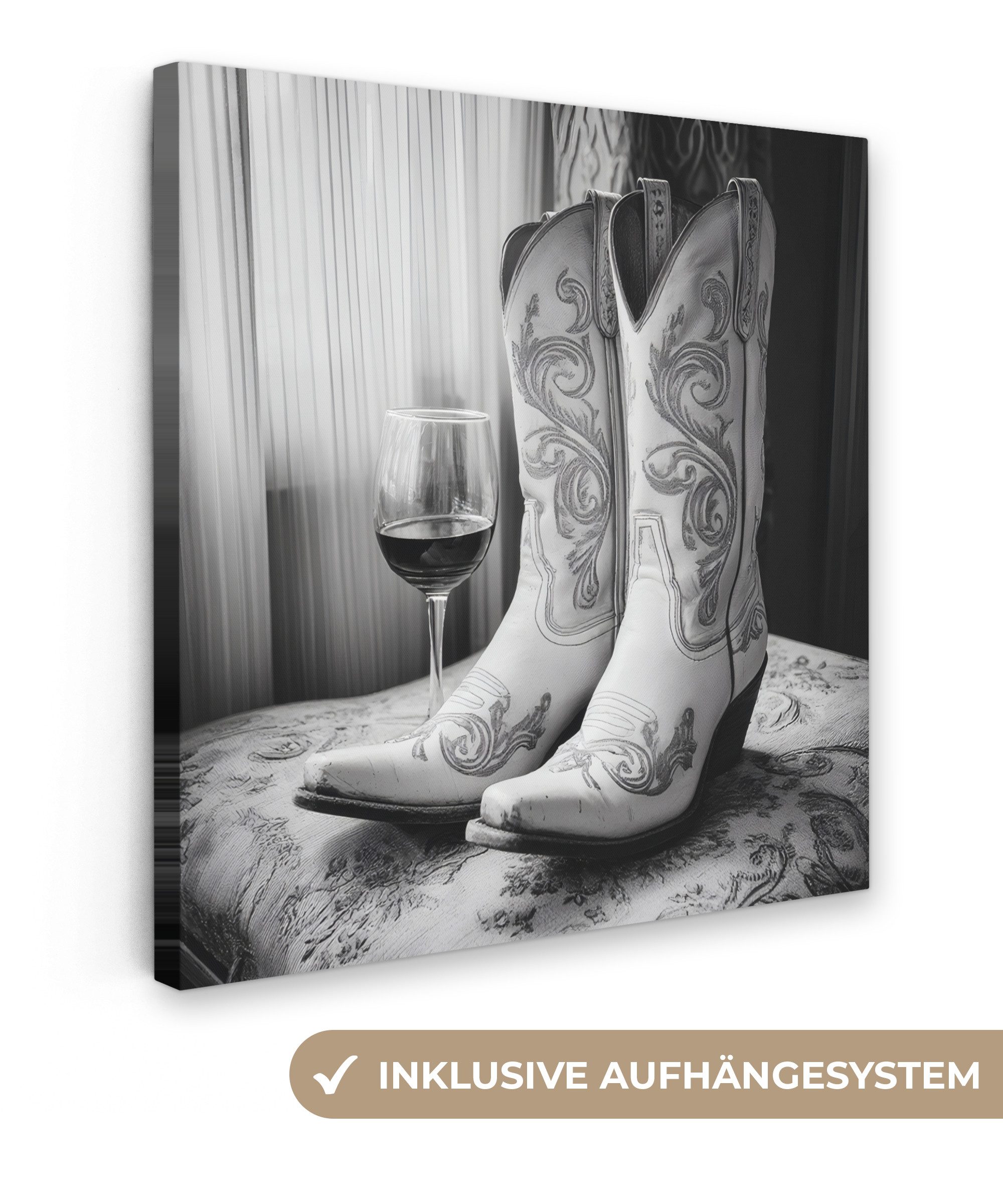 OneMillionCanvasses® Leinwandbild Wein - Cowboystiefel - Fensterlicht - Weiß, Fotodruck (1 St), Wandbild, Deko Schlafzimmer Wohnzimmer Flur 20x20 cm