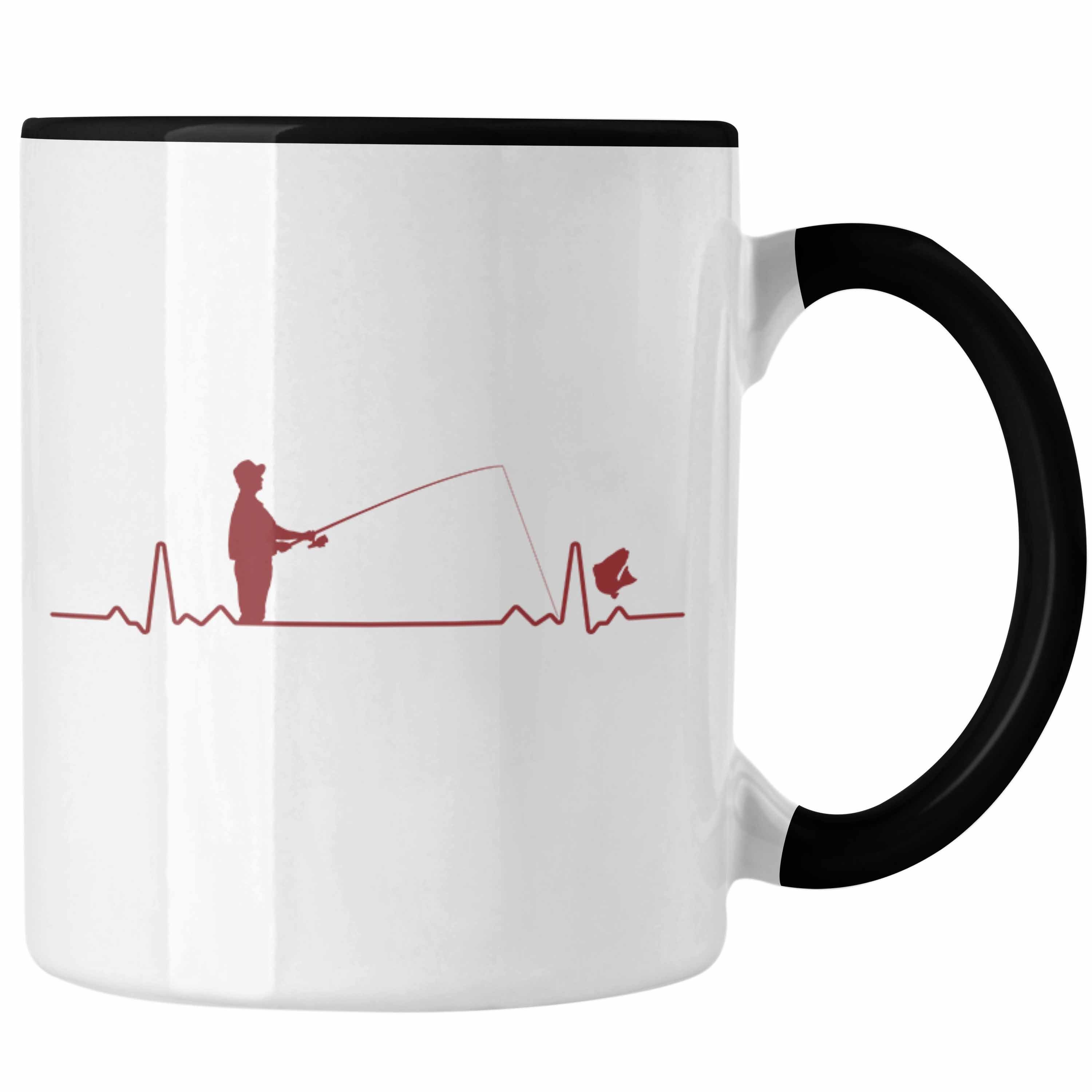 Trendation Tasse Geschenkidee Geschenk Trendation Grafik - Schwarz Männer Lustig Fischen Angler Tasse für Angeln Herzschlag Fischer