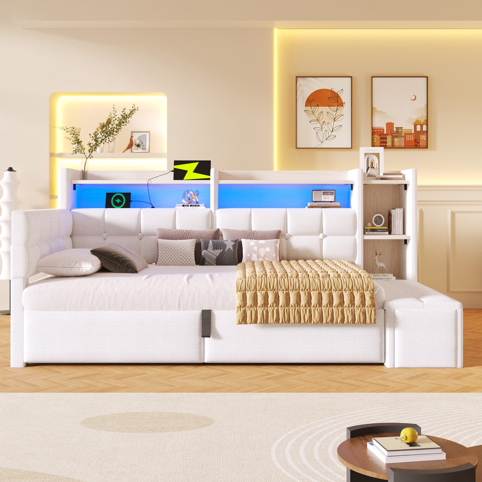 Merax Daybett mit LED Lichtleiste, USB, Typ-C & Bettkasten, Samt (Schlafsofa Sofabett Jugendbett Kinderbett Einzelbett, 1 tlg), Tagesbett 90x200cm mit hydraulischem Stauraum,Ablagefach,Stauraumbank