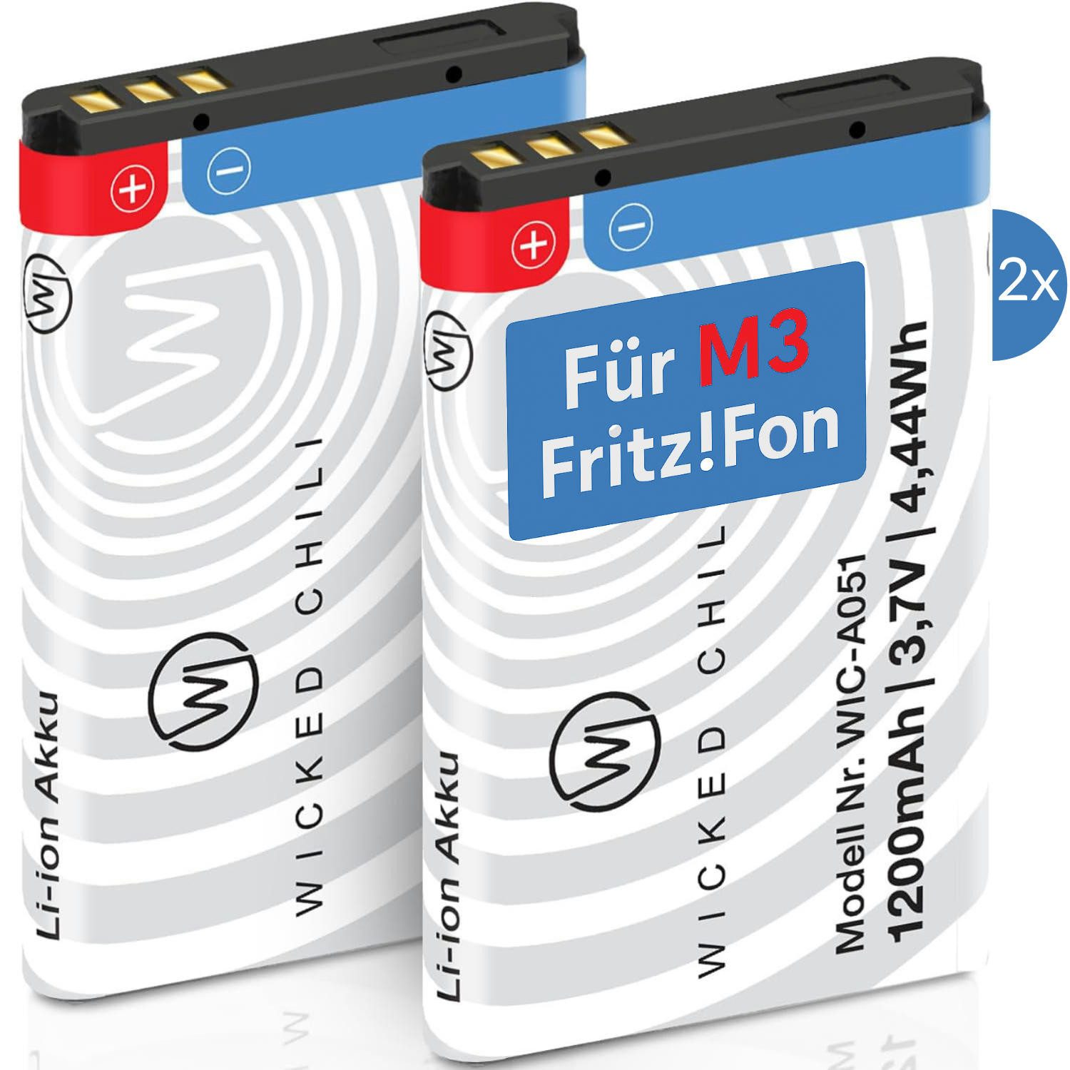 Wicked Chili 2x Akku für FRITZ!Fon M3 Zusatzakku Ersatzakku Batterie Zusatz-Akku M3 Pro Series (3,7 V), Akku geeignet für AMV Fritz!Fon M3
