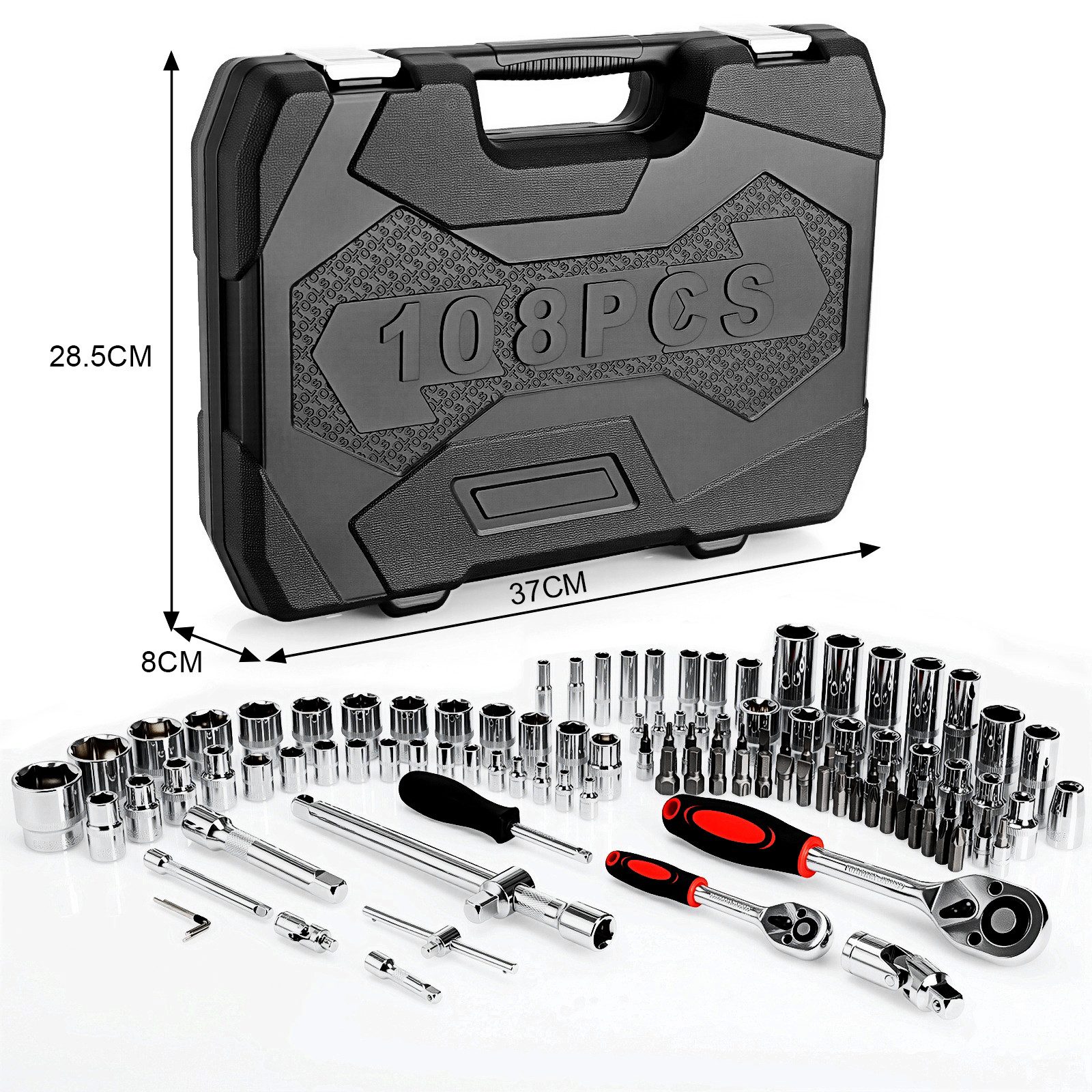 TLGREEN Steckschlüssel 108-teilig Werkzeugkoffer,Cr-V Ratschenschlüssel Set, (Ratschenkasten Knarrenkasten mit 1/4" und 1/2",72 Zähne Umschaltknarre Sechskant Steckschlüsseleinsatz)