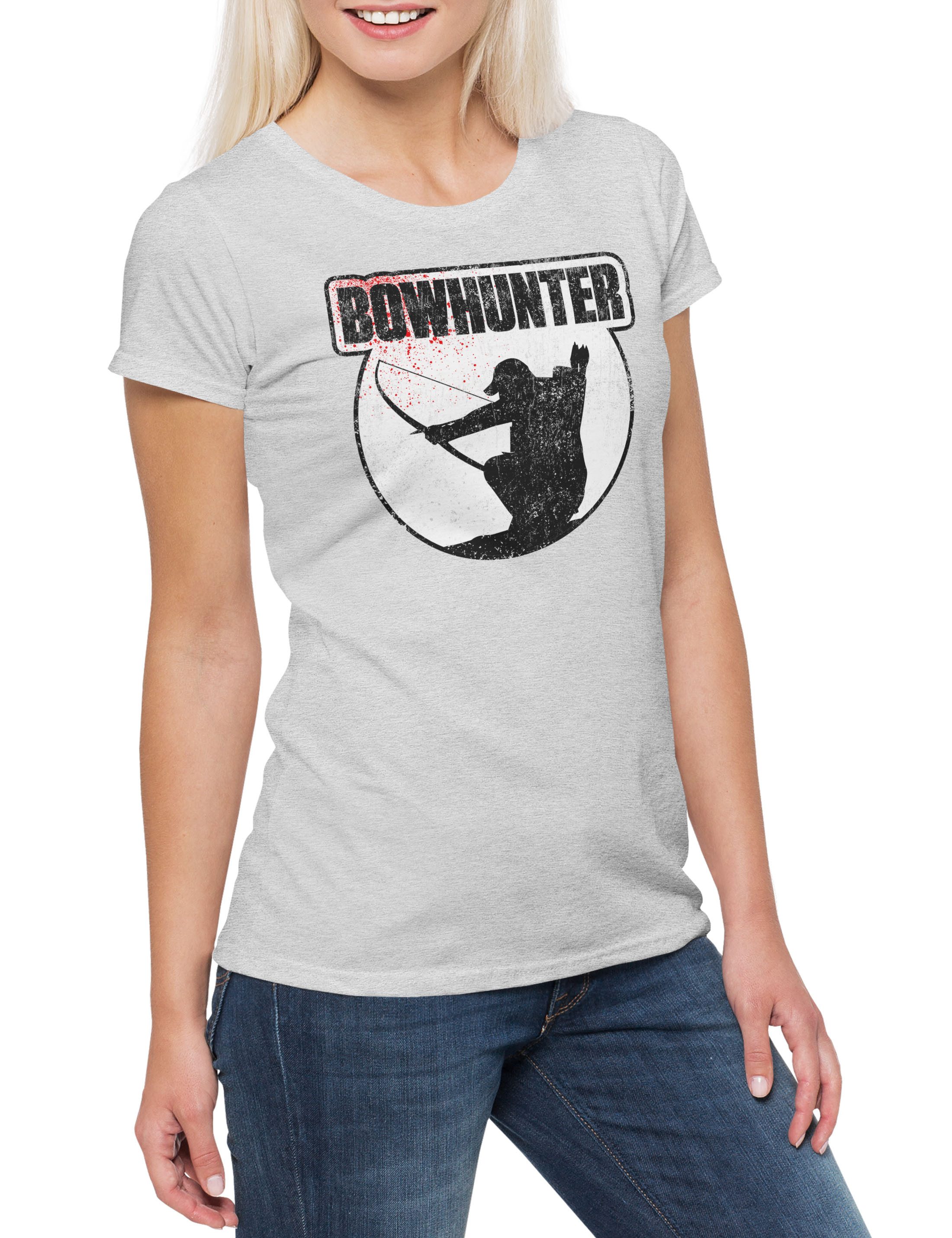 Print-Shirt Bowhunter Damen T-Shirt Bogen Pfeil Hirsch Reh Jagd Jäger Bär Geweih