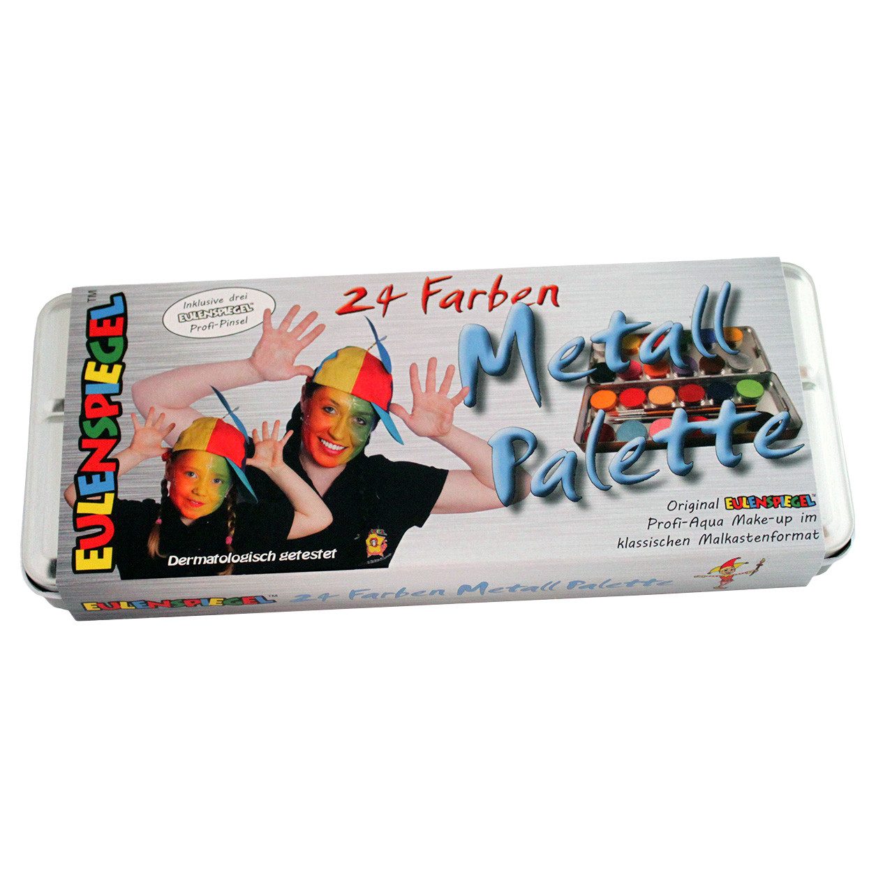 Eulenspiegel Theater Schminkpalette Eulenspiegel 24 Profi Aqua Farben Metall-Palette inkl. 3 Profi-Pinseln (1-tlg), Made in Germany, dermatologisch getestet