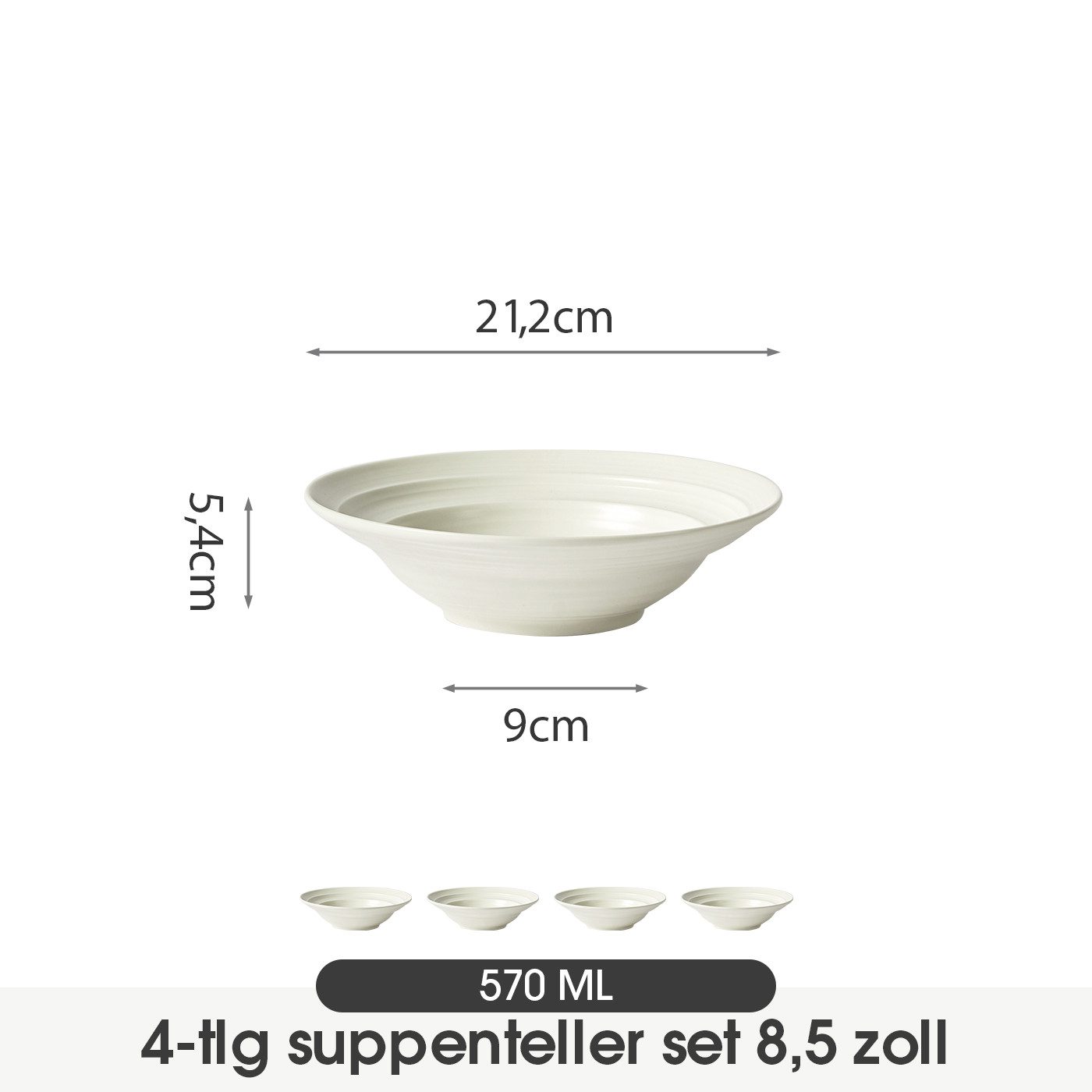JIWOO Suppenteller 4er Ø22cm, Speiseteller Pastateller Salatteller Dessertteller Plate, (4 St), Keramik Tellerset Weiß mikrowellen- und spülmaschinenfest Ø21,2 cm