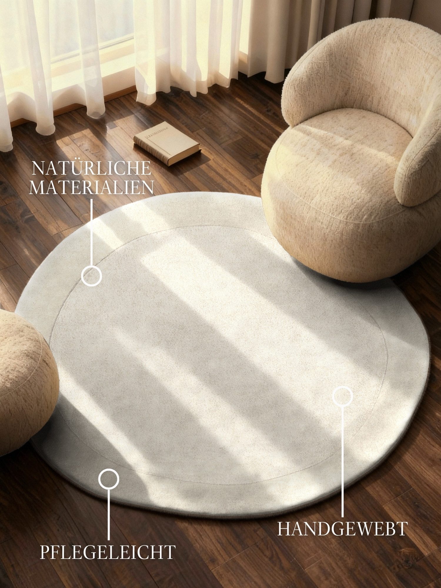 Villeroy & Boch Teppich Wollteppich Kivi, rund, Höhe: 17 mm, Handgewebt, Wolle, Bordüre, Einfarbig, Läufer, Wohnzimmer, Organisch – Bild 2 von 5