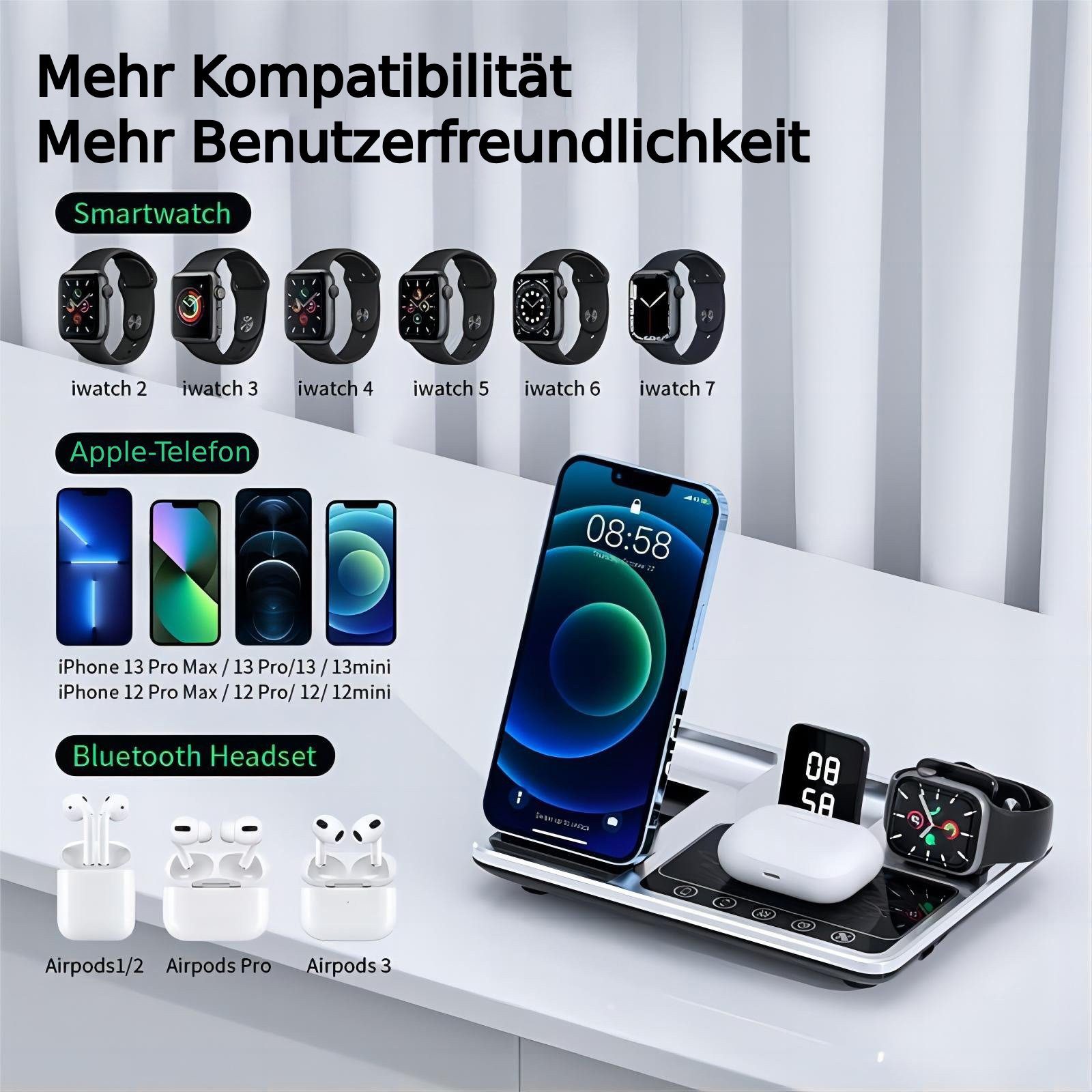 ibettertec Ladestation ladegerät 4 in 1 Induktive Ladegerät, Wireless Charger Ladestation (für iPhone,Apple Watch und Samsung Galaxy, Automatische Hebefunktion, Zeitanzeige, Nachtatmungslicht)