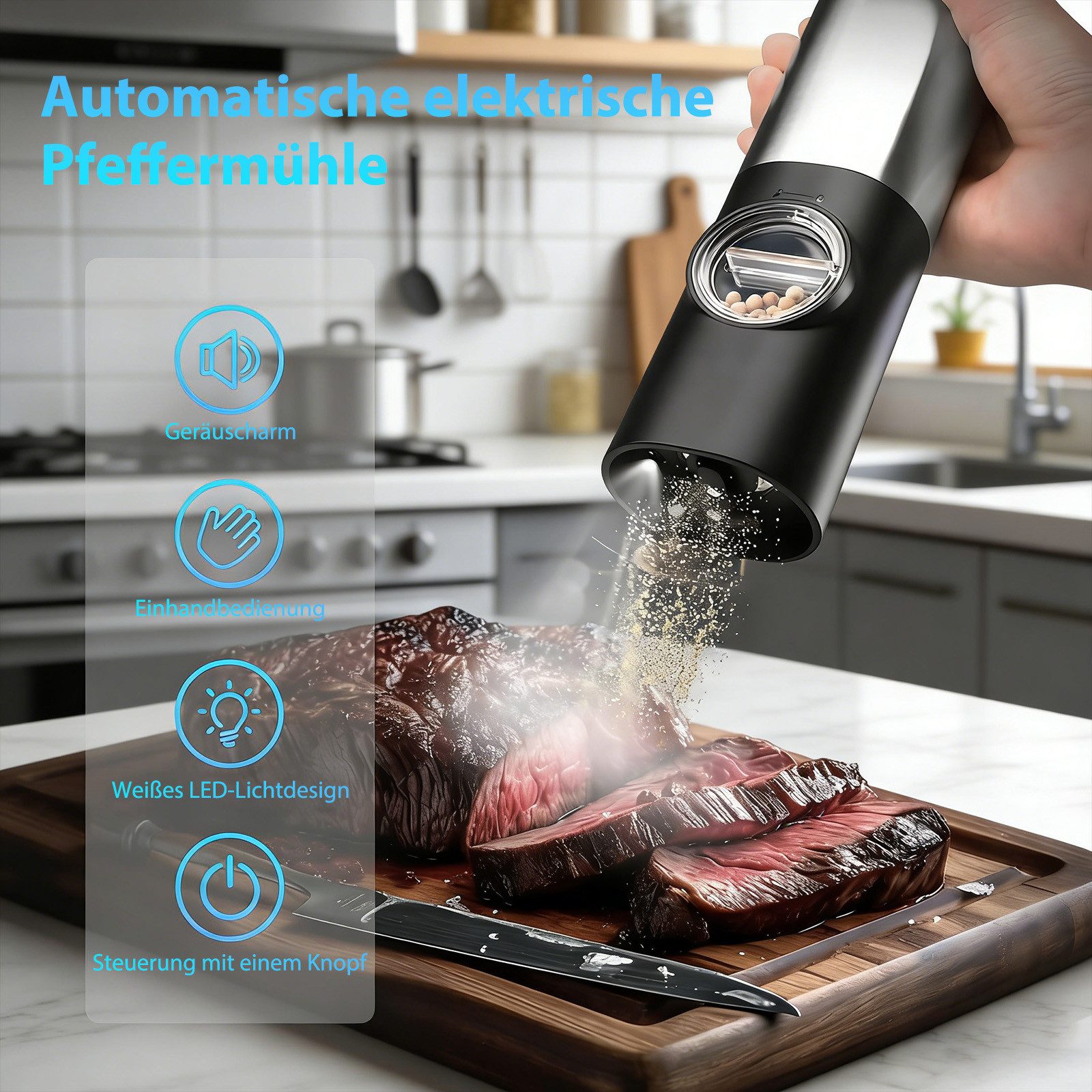 AKKEE Salz-/Pfeffermühle Elektrisch Salzmühle 2er Set mit USB Aufladbar, Doppelladestation Netzkabel, USB