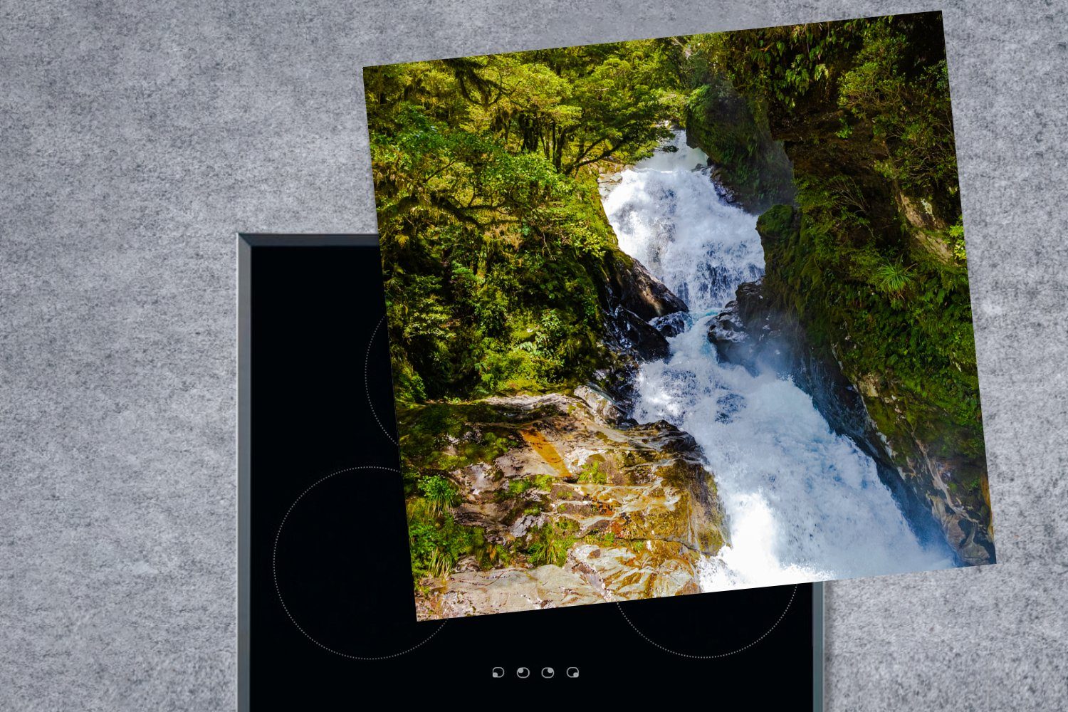 Fiordland Vinyl, Ceranfeldabdeckung, MuchoWow Wasserfall in Arbeitsplatte (1 küche tlg), 78x78 Neuseeland, Herdblende-/Abdeckplatte cm, für National Park