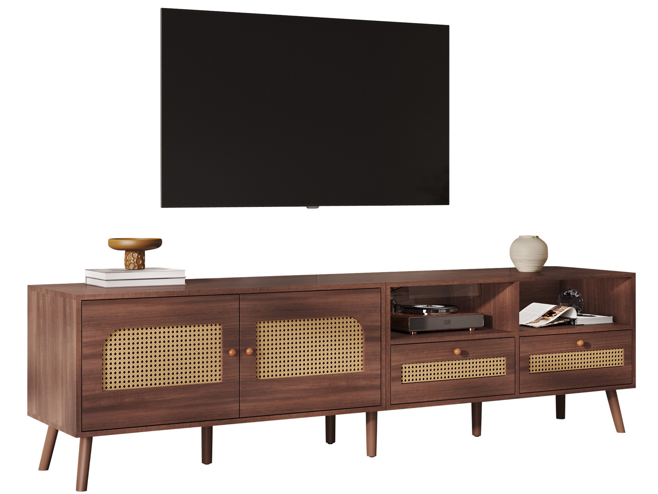 SeedWave Lowboard Retro TV-Schrank Fernsehschrank mit 2 Rattantüren, 2 Schubladen, Rechteckiges TV-Lowboard mit 2 offenen Ablagen, Kabeldurchführung