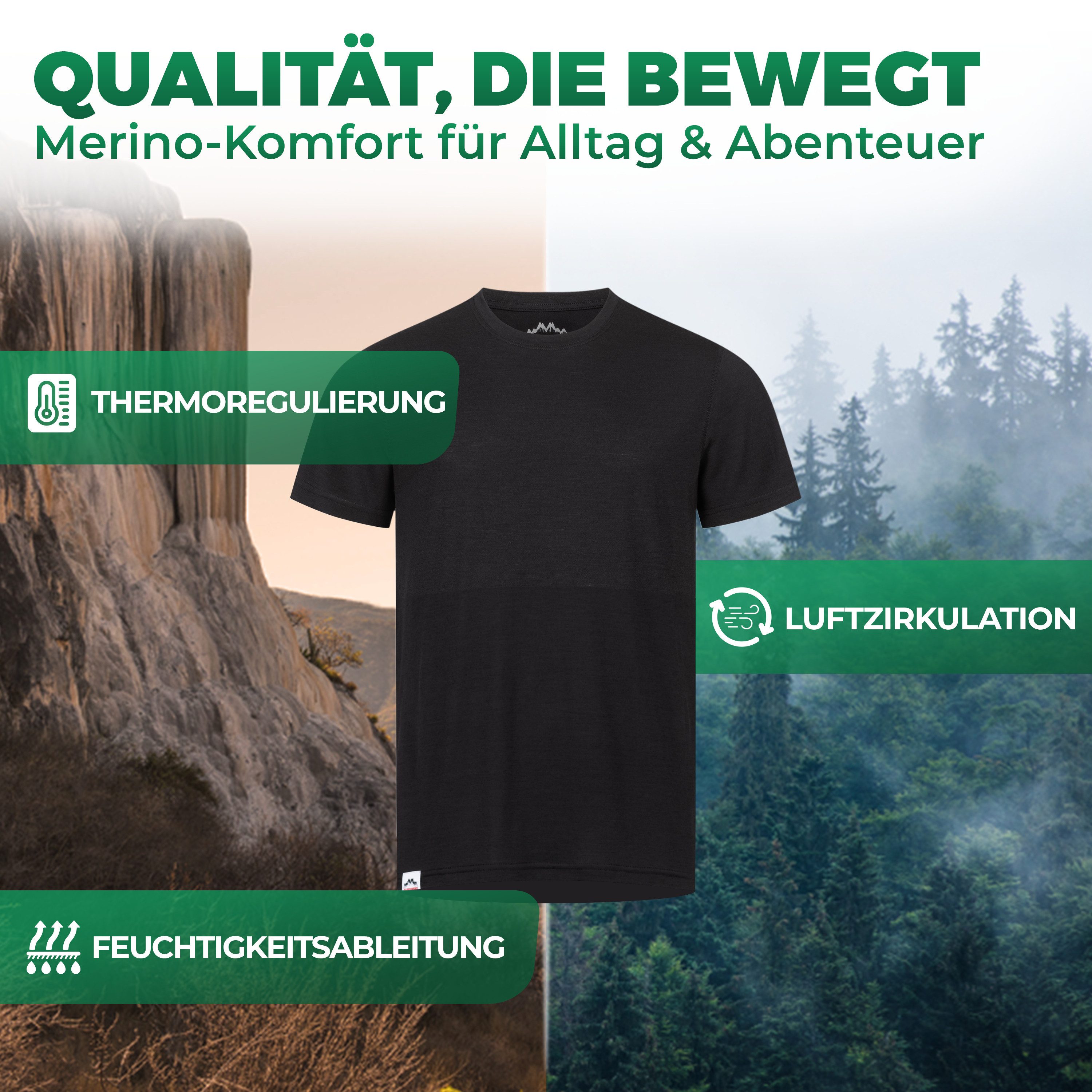 Alpenwert T-Shirt Herren Merino T-Shirt - mulesingfreie Wolle - hergestellt in Portugal (1 Pack) Antibakteriell, Anti-Schweiß-Geruch, Outdoor & Funktionsshirt