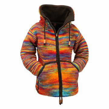 KUNST UND MAGIE Strickjacke Strickjacke Wolle Bunte Regenbogen Fleecefutter Hochkragen Boho Fair