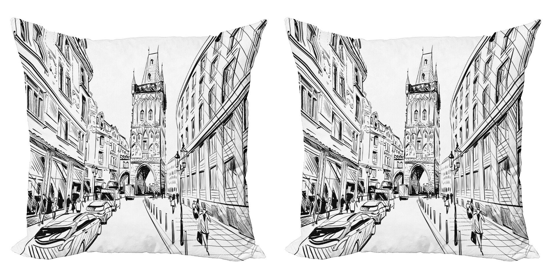 Kissenbezüge Modern Accent Doppelseitiger Digitaldruck, Abakuhaus (2 Stück), Stadt Alte Häuser Prague City Sketch