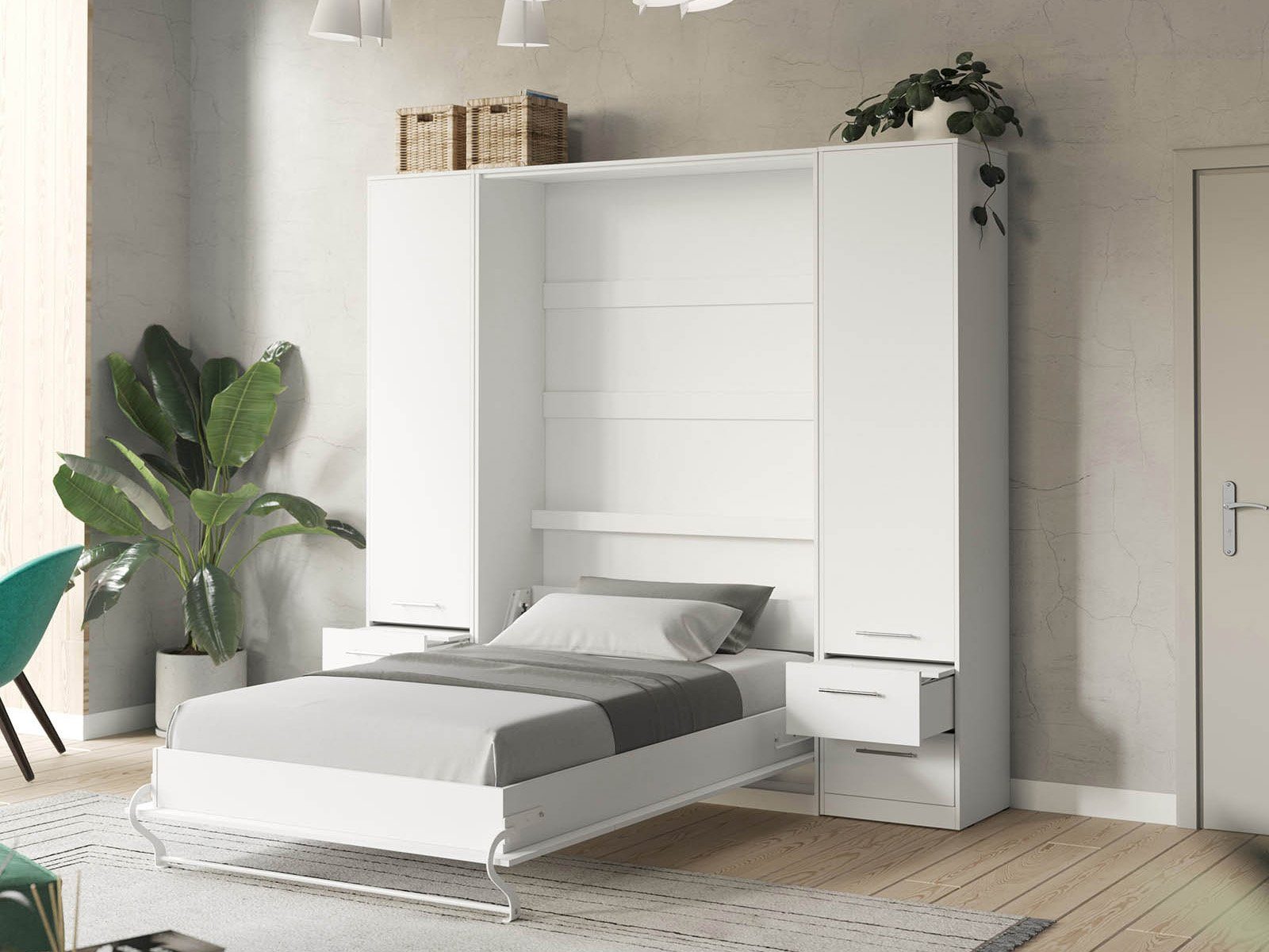 HeimLiving Wohnwand Wohnwand Set mit Schrankbett 140x200 Vertikal + 2 x 50-Schränke Weiß, Gasdruckfedern