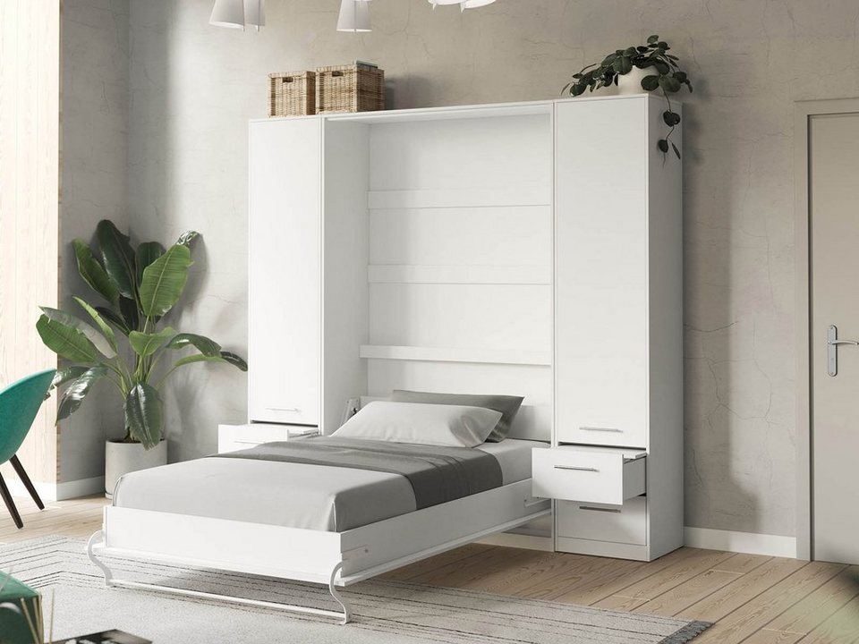 HeimLiving Wohnwand Wohnwand Set mit Schrankbett 140x200 Vertikal + 2 x  50-Schränke Weiß, Gasdruckfedern