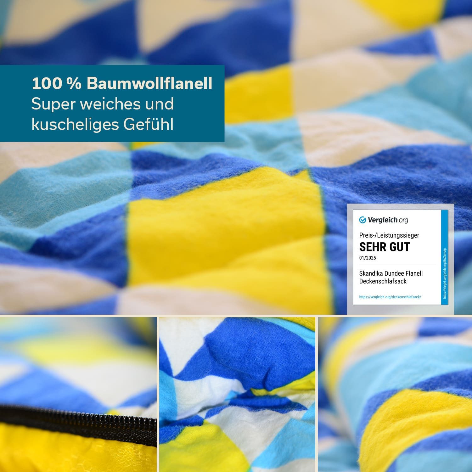Skandika Deckenschlafsack Dundee Baumwollflanell, Koppelbar, Kopfteil mit Kordel (Reißverschluss mit Webband-Klemmschutz, Innentasche mit Klett), 3 Jahreszeiten, bis -20°C, Packsack mit Kompressionsbändern, 220x80cm