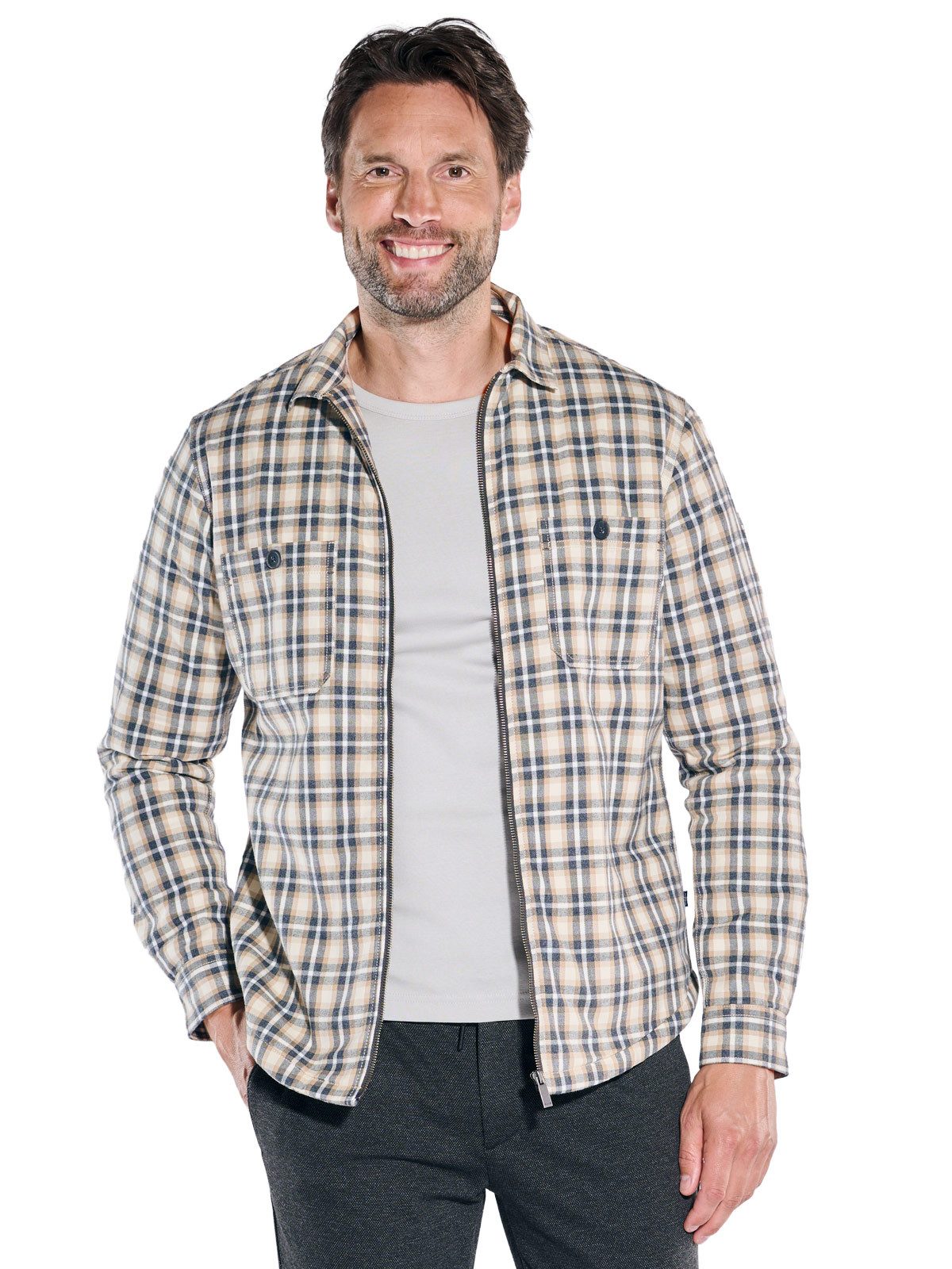 Engbers Langarmhemd engbers Herren Overshirt kariert, Braunbeige günstig online kaufen