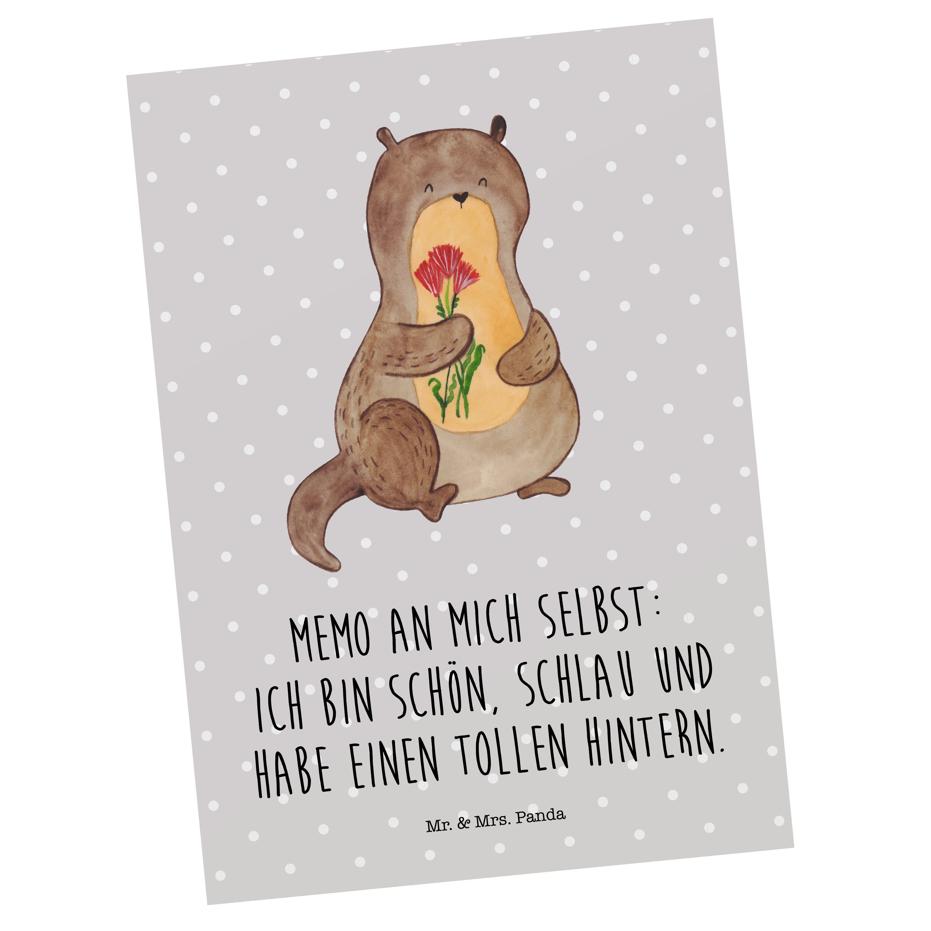 Mr. & Mrs. Panda Postkarte Otter Blumenstrauß - Grau Pastell - Geschenk, Dankeskarte, niedlich