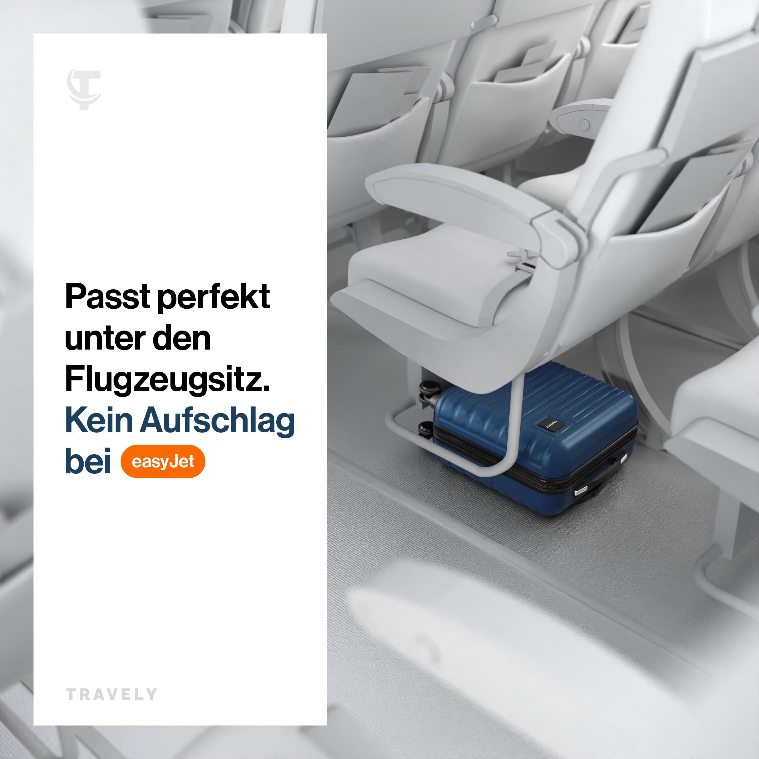 Travely Koffer Polycarbonat Handgepäck Koffer 45x36x20cm - für Easyjet etc, 4 Rollen, Designed in Germany, austauschbare Griffe und Rollen