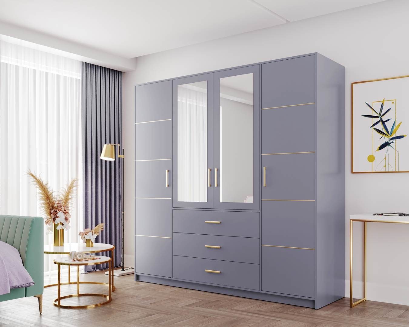 D4 3 Sideboard Kleiderschrank mit Beautysofa türen mit 4 Schubladen Garderobenschrank Spiegel, blau mit BALI Kleiderschrank