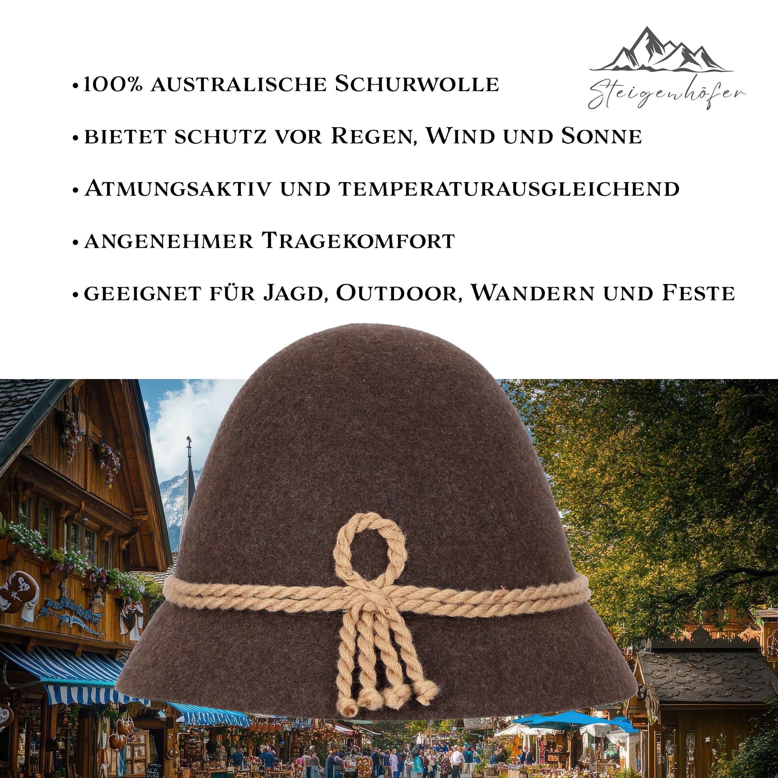 Steigenhöfer Manufaktur Trachtenhut Herren Heinrich - bayrischer Wanderhut Stopselhut aus 100% Schurwolle Schmale Krempe & Kordel - 2-Fach Kordel - Ideal fürs Oktoberfest
