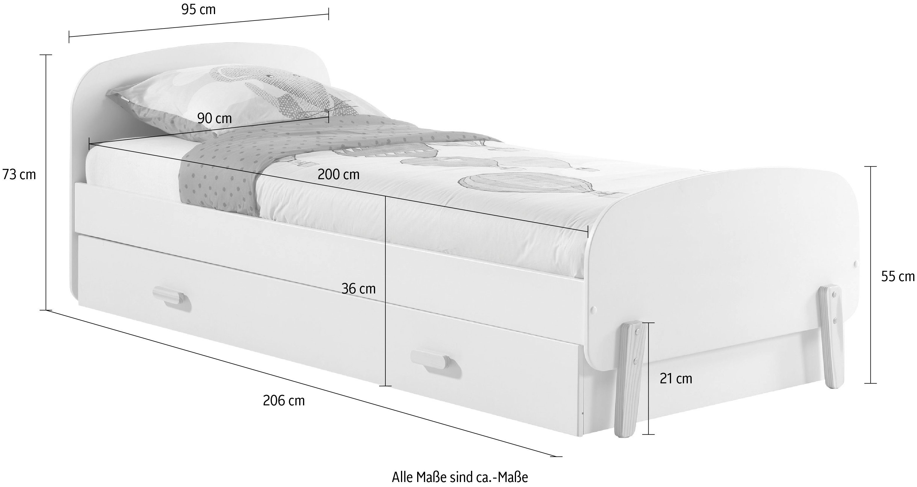 Vipack Einzelbett, Liegefläche 90x200 cm mit Lattenrost Weiß Bettschublade, lackiert und
