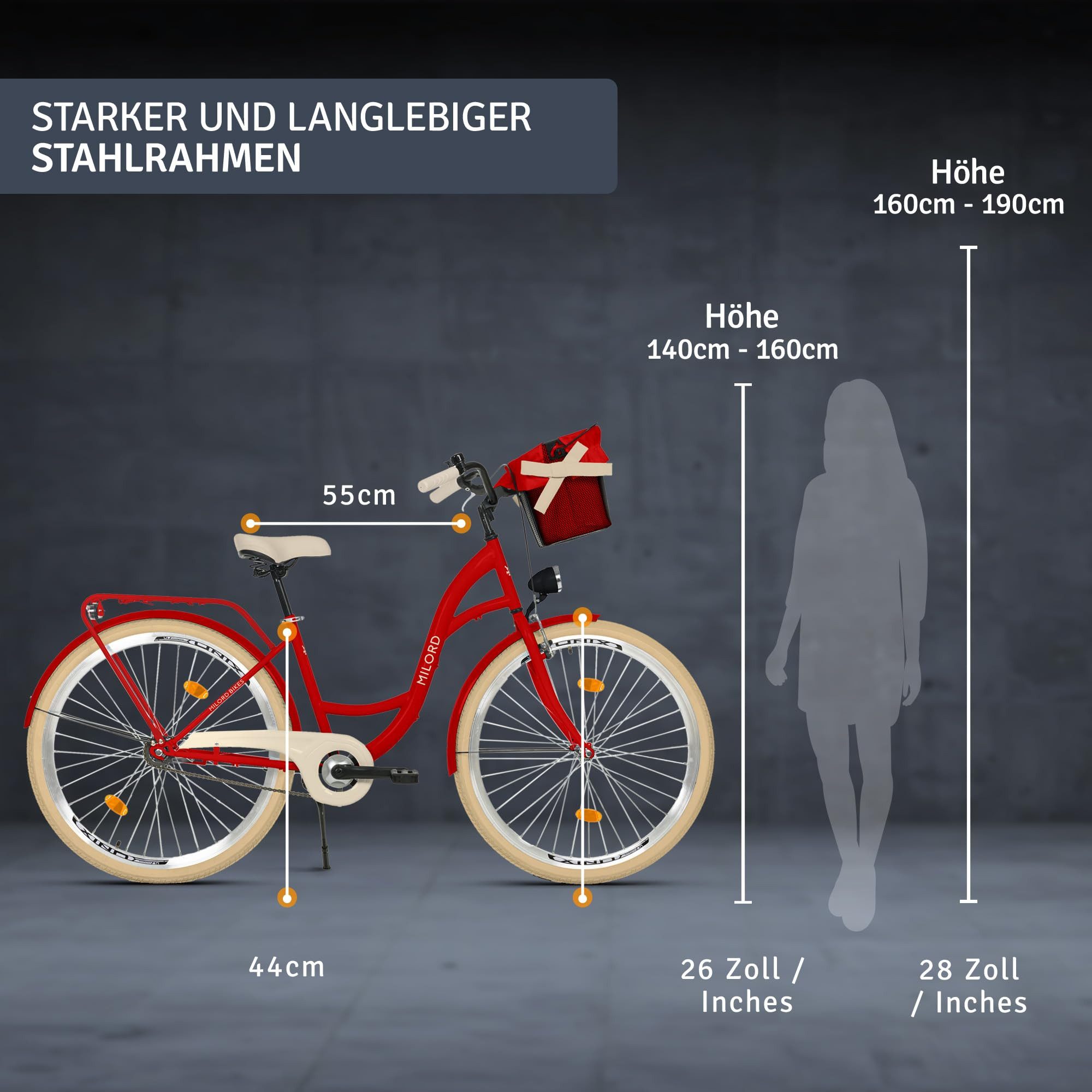 Milord Cityrad Milord City Fahrrad Korb Damenfahrrad, 28/26 Zoll, Rot, 1-Gang, 1 Gang, (Fahrradständer, Gepäckträger, Klingel, Korb, Kotflügel)