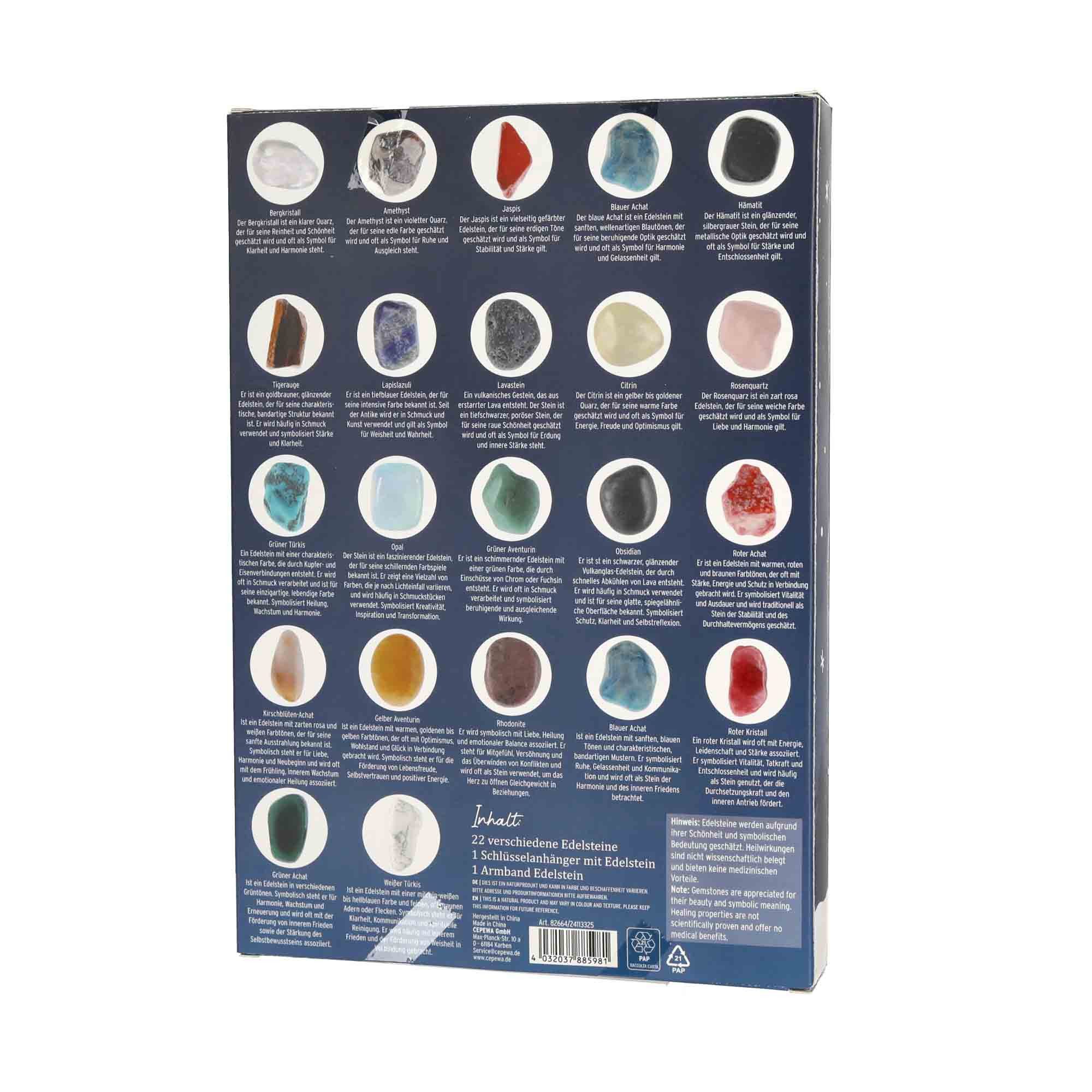 HAC24 Adventskalender Edelstein Advents Kalender (24-tlg), Inkl. 22 Edelsteine 1 Schüsselanhänger 1 Armband