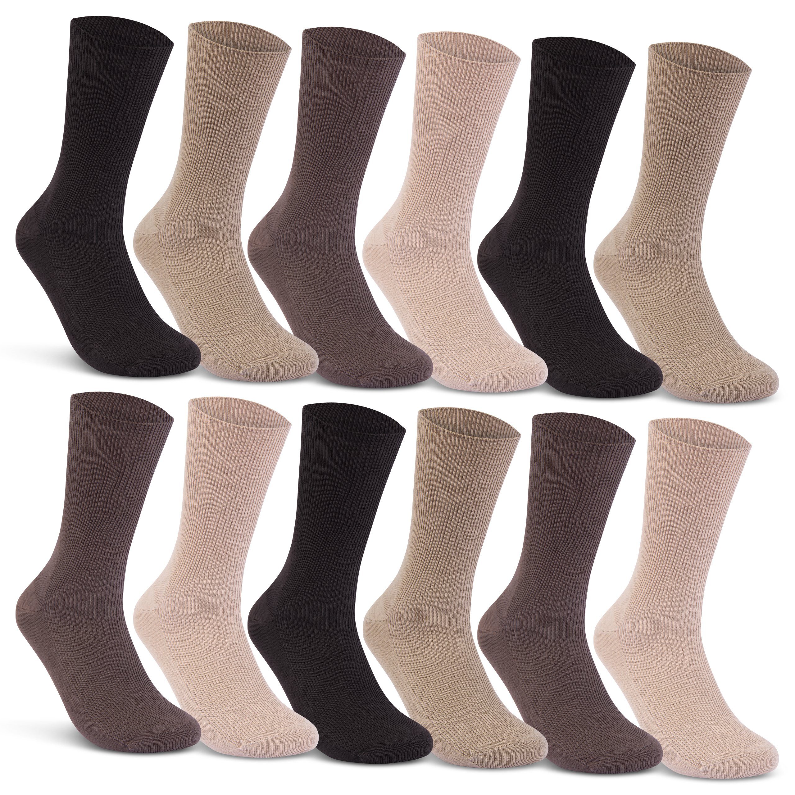 sockenkauf24 Diabetikersocken 12 Paar Damen & Herren Socken ohne Gummibund (Beige/Braun, 43-46) 100% Baumwolle 11000 WP