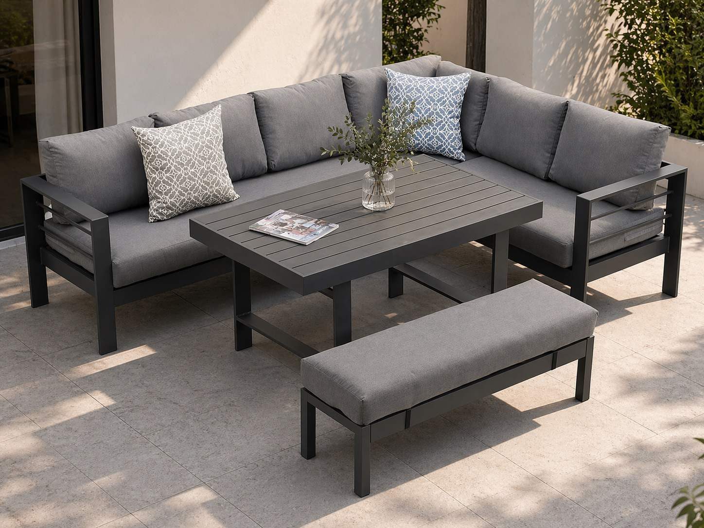 MeXo Gartenlounge-Set XXL Gartenmöbel Set Aluminium für 6-8 Personen, (Dining Loungeset Outdoor, 5-tlg., mit 12 cm dicken Sitzkissen, pflegeleichte Polywood-Tischplatte), wetterfeste Ecklounge mit Esstisch