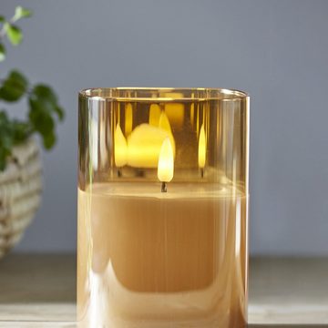 STAR TRADING LED-Kerze Windlicht im Glas Echtwachs flackernde Flamme Timer 12,5cm gold braun
