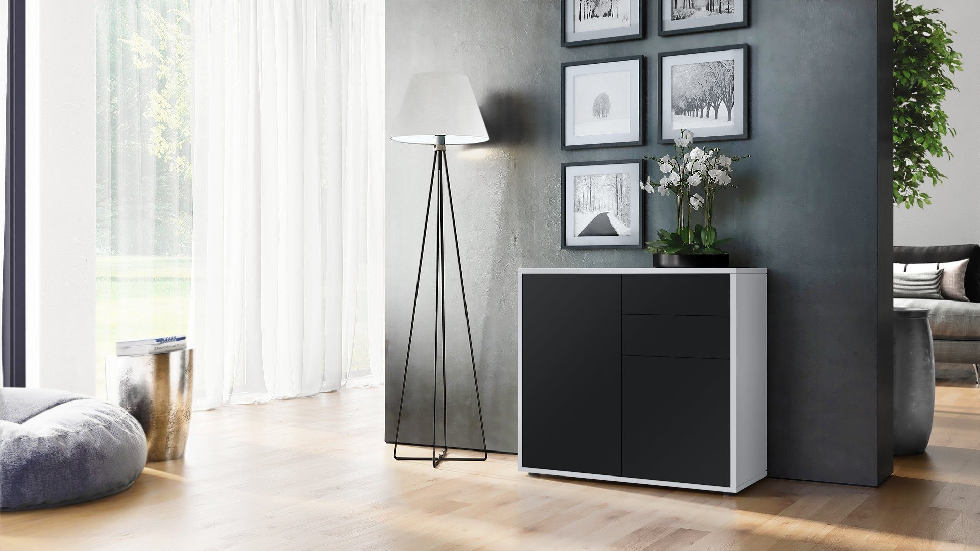 Vladon Kommode Ben V1 (Kommode, mit 2 Türen und 2 Schubladen), Weiß matt/Schwarz matt (79 x 74 x 36 cm)