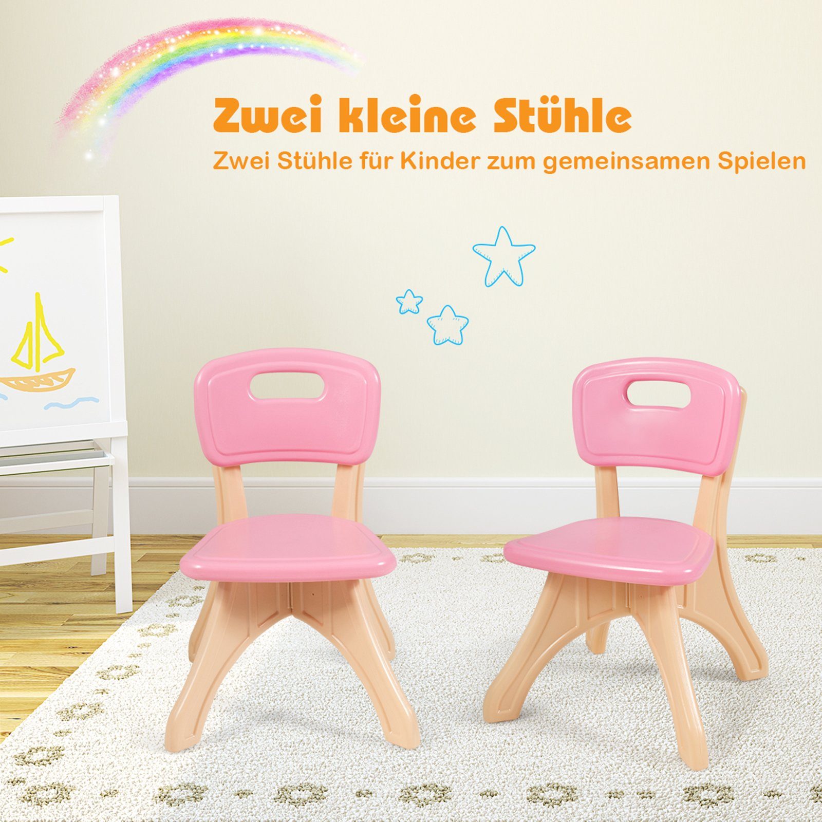 Rosa Stauraum, 2 COSTWAY Stühlen&Kindertisch, mit Kunststoff mit Kindersitzgruppe,