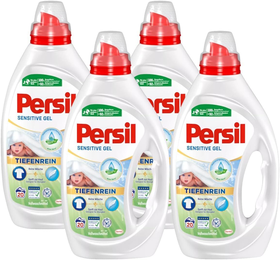 Persil Sensitive Gel (20 WL), Flüssigwaschmittel für Allergiker & Babys, Spezialwaschmittel (4-St. mit beruhigender Aloe vera für sensible Haut)